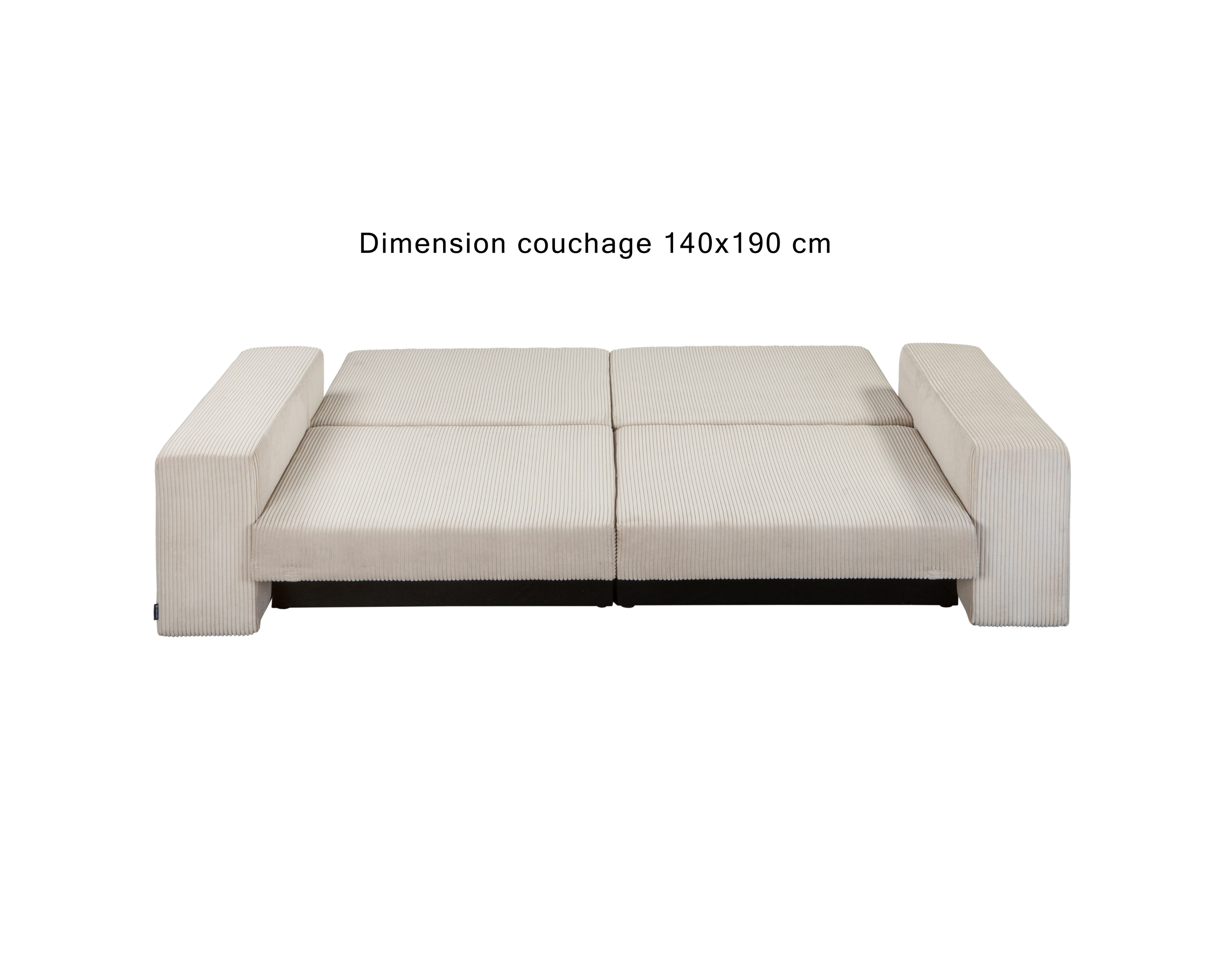 Canapé droit convertible Barres en tissu petit velours côtelé beige Paname Avenue, déployé en mode lit avec dimension de couchage 140x190 cm