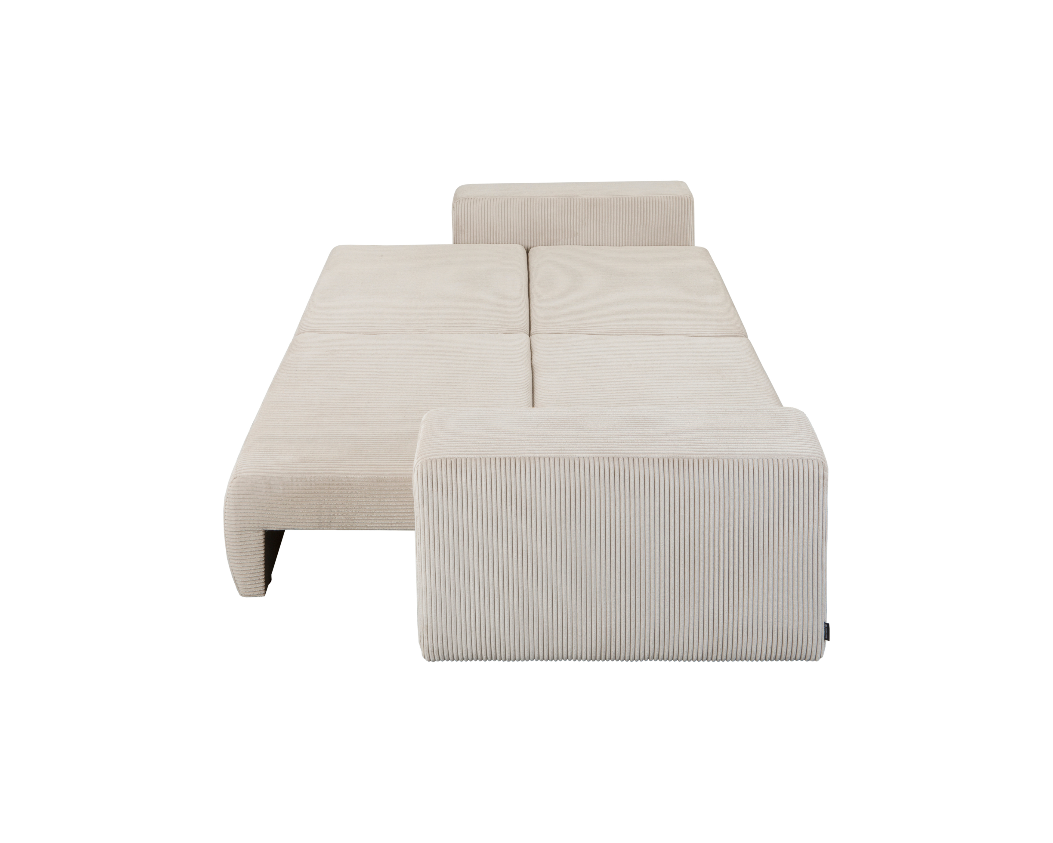 Canapé droit convertible Barres en tissu petit velours côtelé beige Paname Avenue, déployé en mode lit vue de profil