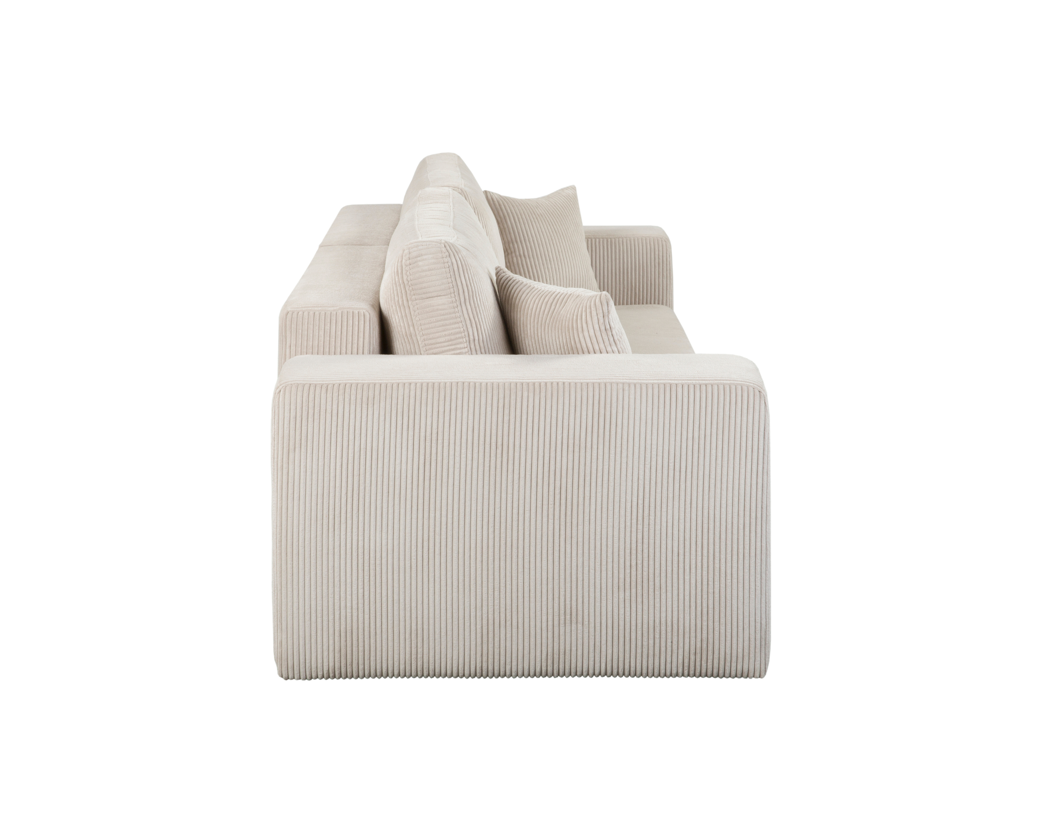 Canapé droit convertible Barres en tissu petit velours côtelé beige Paname Avenue, vue de profil sur fond blanc