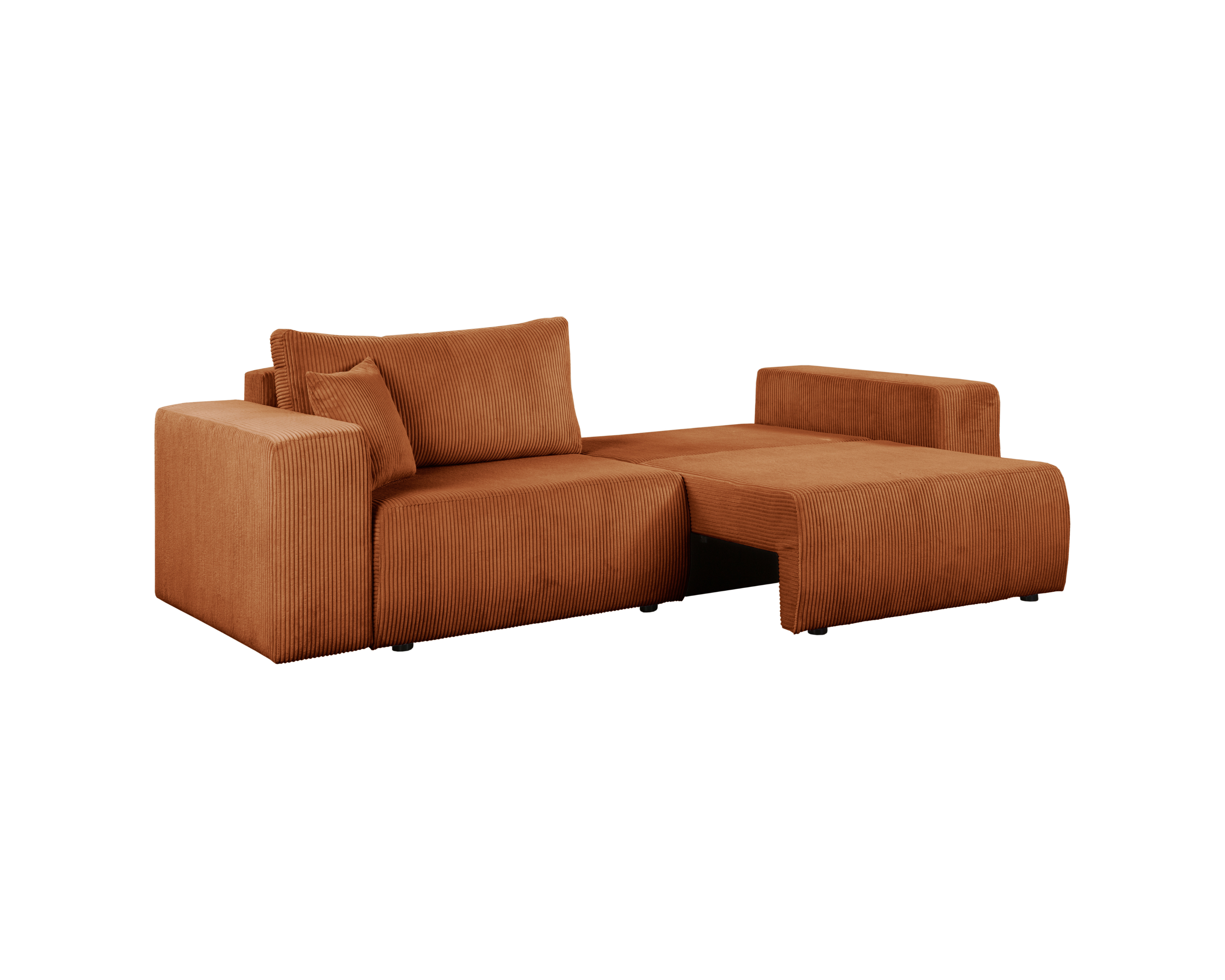 Canapé droit convertible Barres en tissu petit velours côtelé terracotta Paname Avenue, vue de la partie convertible côté droit