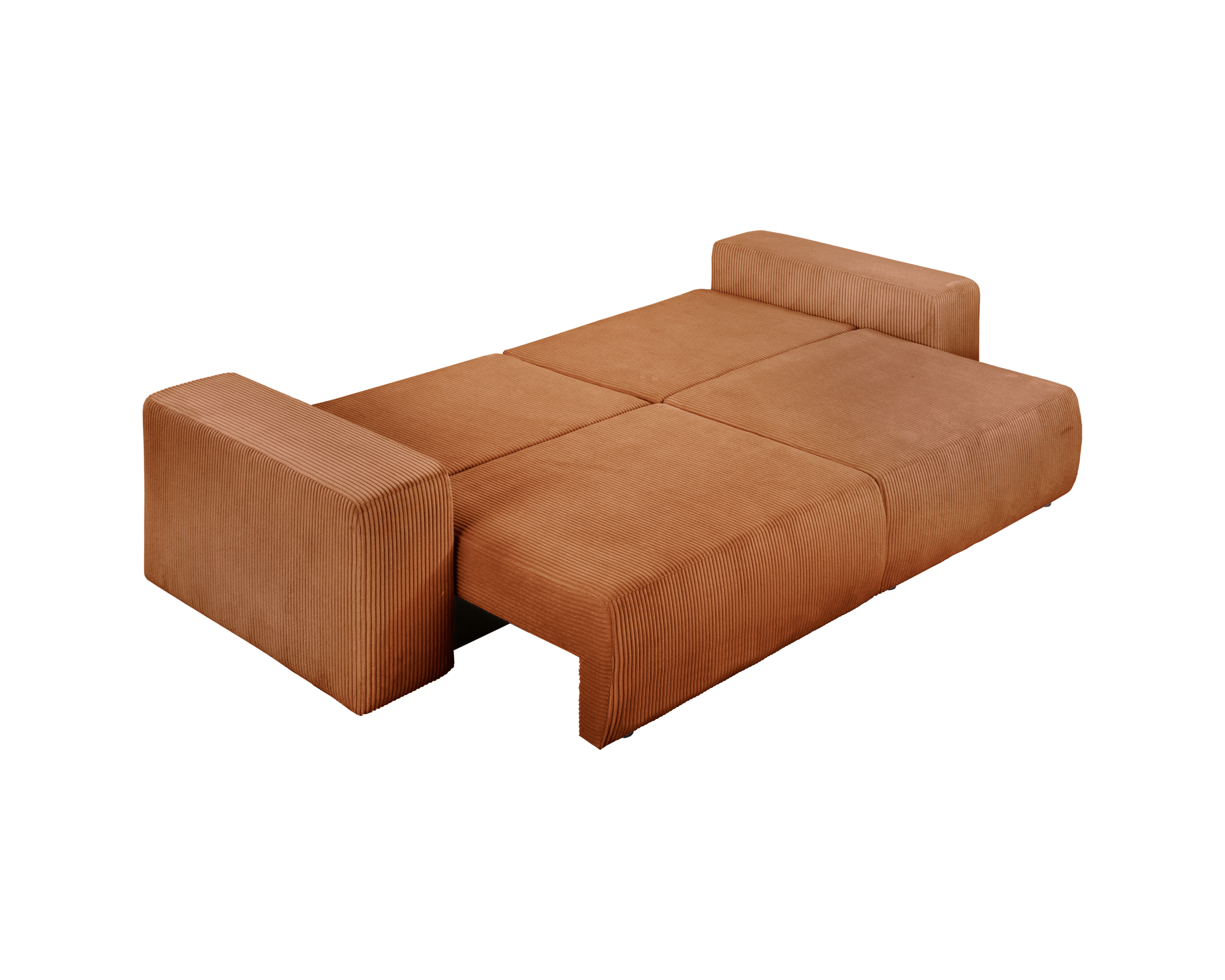 Canapé droit convertible Barres en tissu petit velours côtelé terracotta Paname Avenue, déployé en mode lit vue en angle
