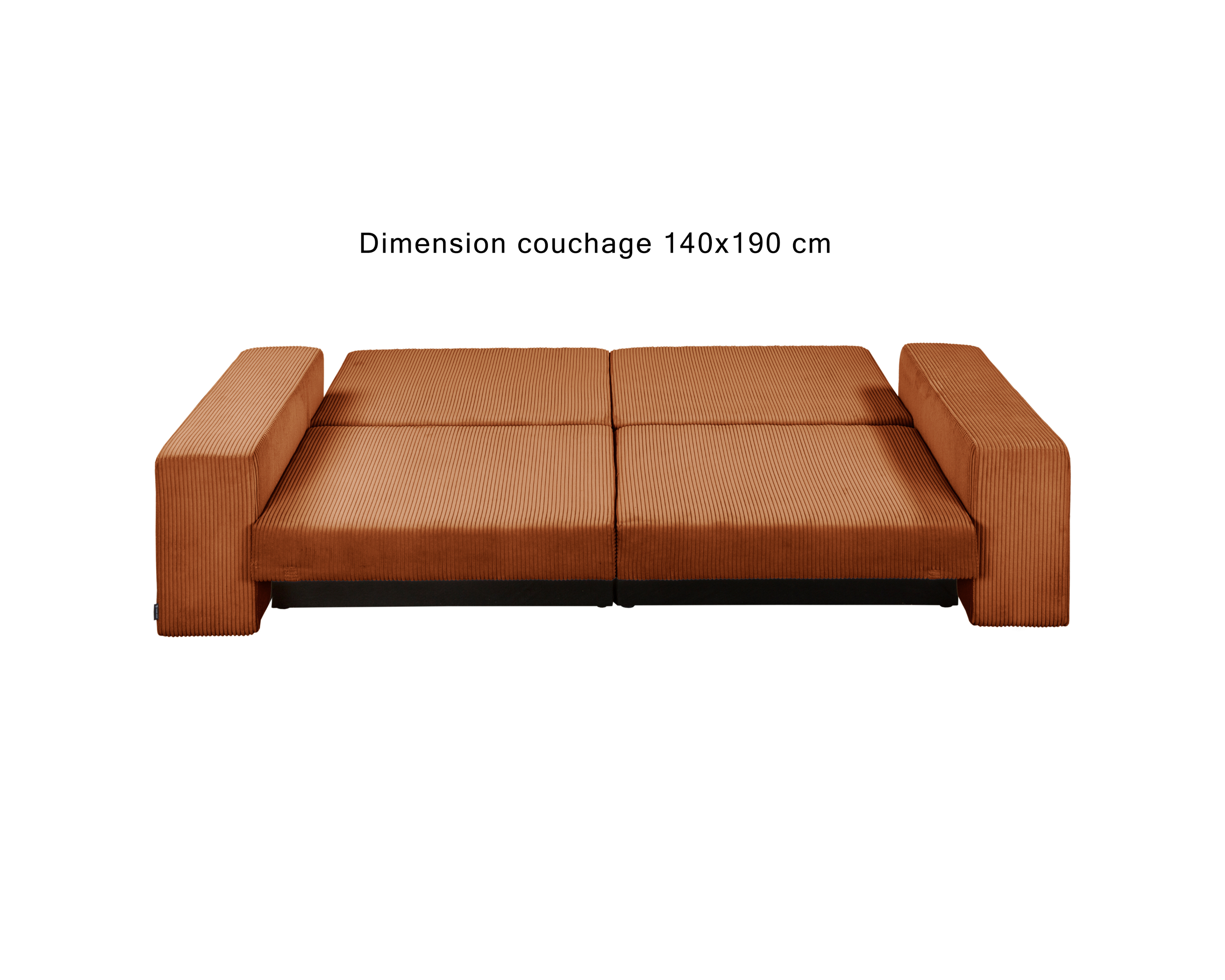 Canapé droit convertible Barres en tissu petit velours côtelé terracotta Paname Avenue, déployé en mode lit avec dimension de couchage 140x190 cm