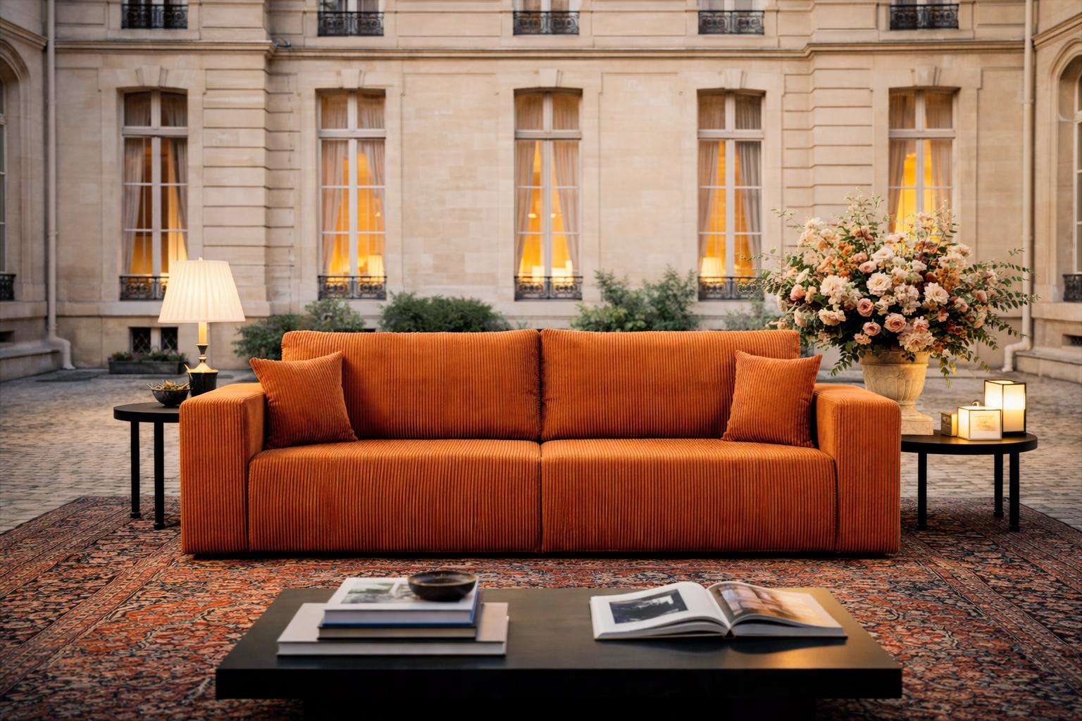 Canapé droit convertible modèle Barres par Paname Avenue, mis en scène dans une cour d'honneur parisienne avec une décoration élégante.