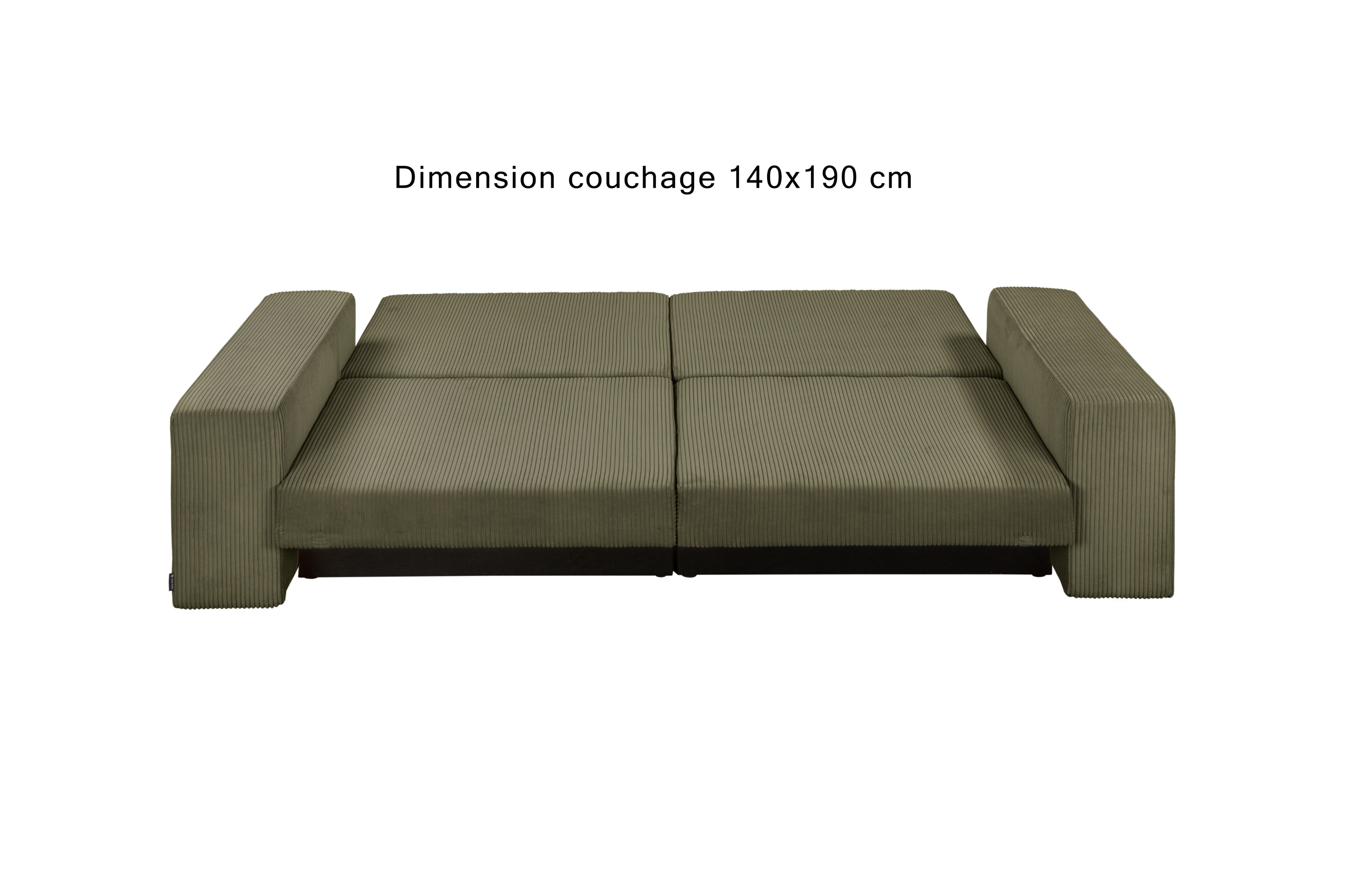 Canapé droit convertible Barres en tissu petit velours côtelé vert olive Paname Avenue, déployé en mode lit avec dimension de couchage 140x190 cm