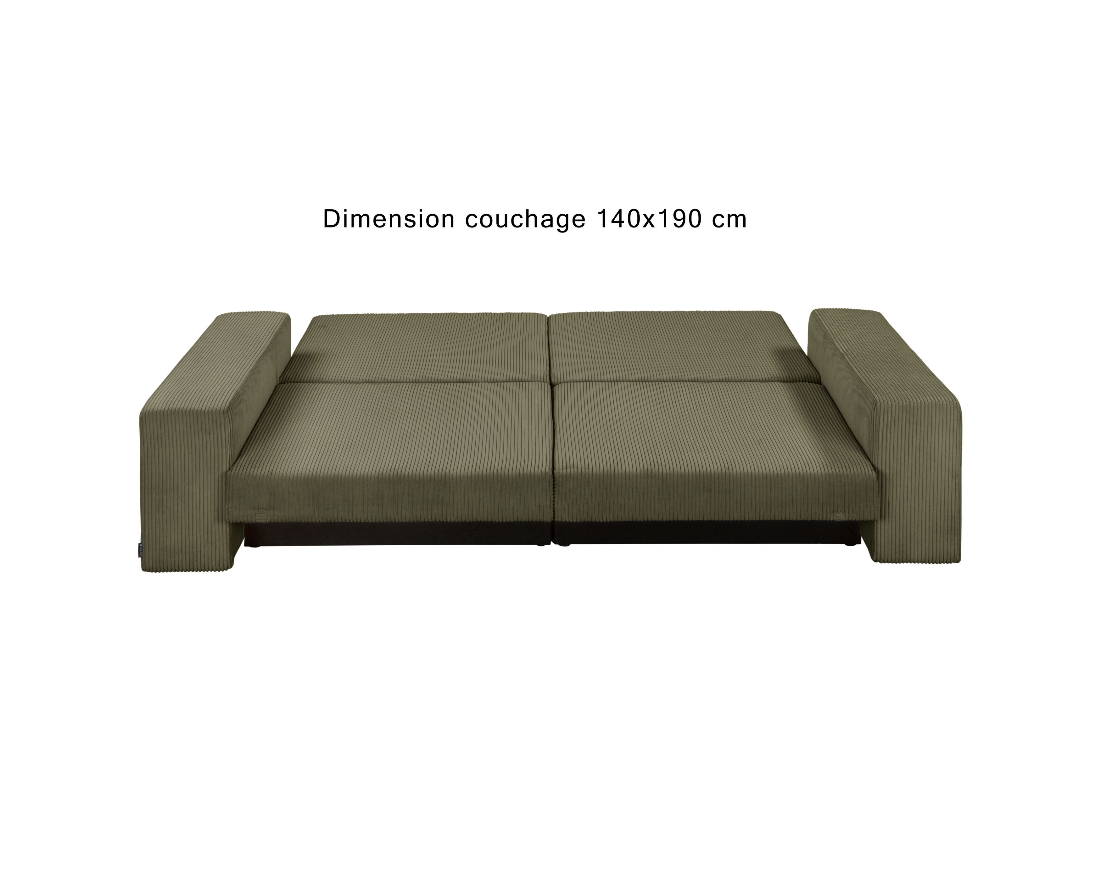 Canapé droit convertible Barres en tissu petit velours côtelé vert olive Paname Avenue, déployé en mode lit avec dimension de couchage 140x190 cm