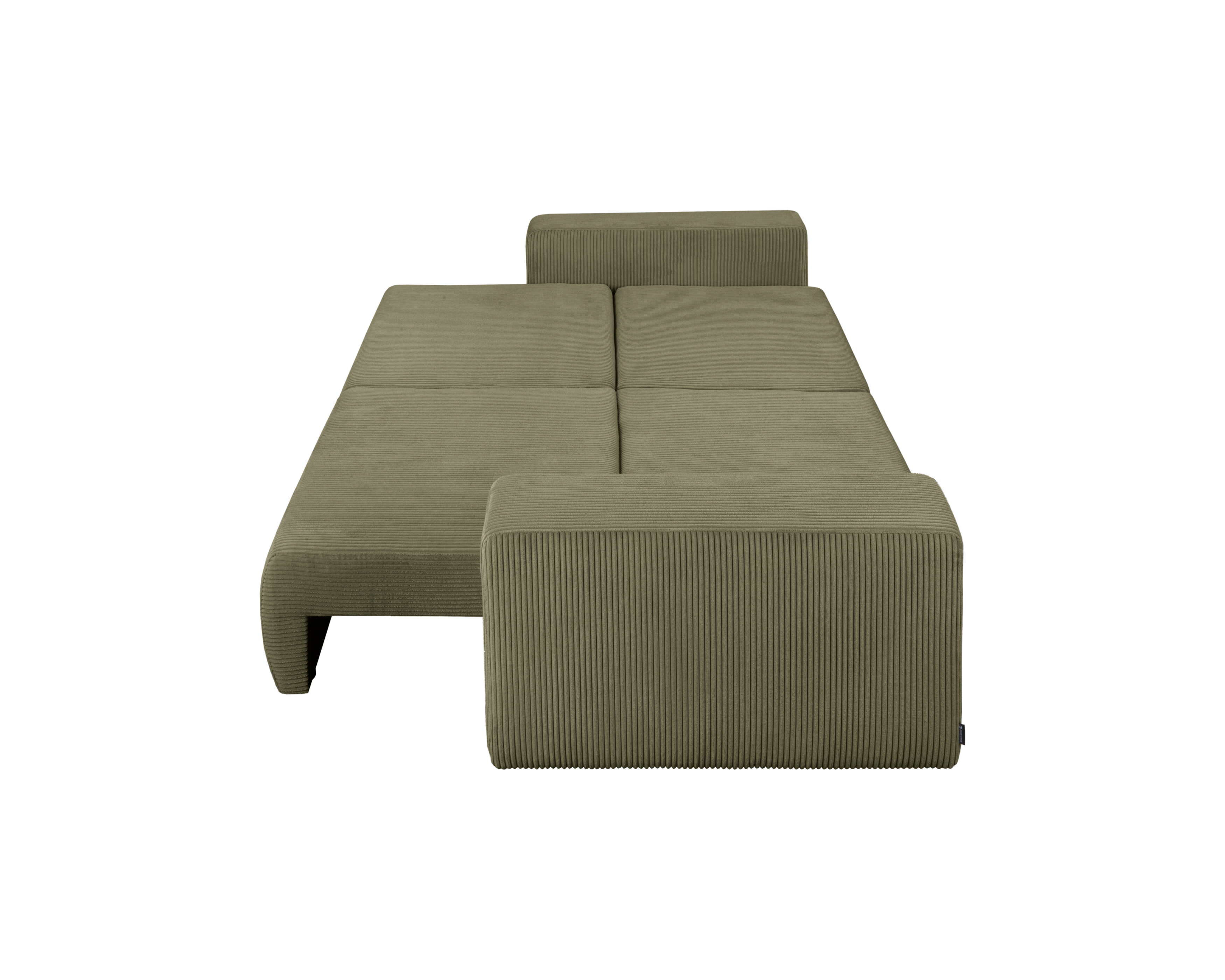 Canapé droit convertible Barres en tissu petit velours côtelé vert olive Paname Avenue, déployé en mode lit vue de profil