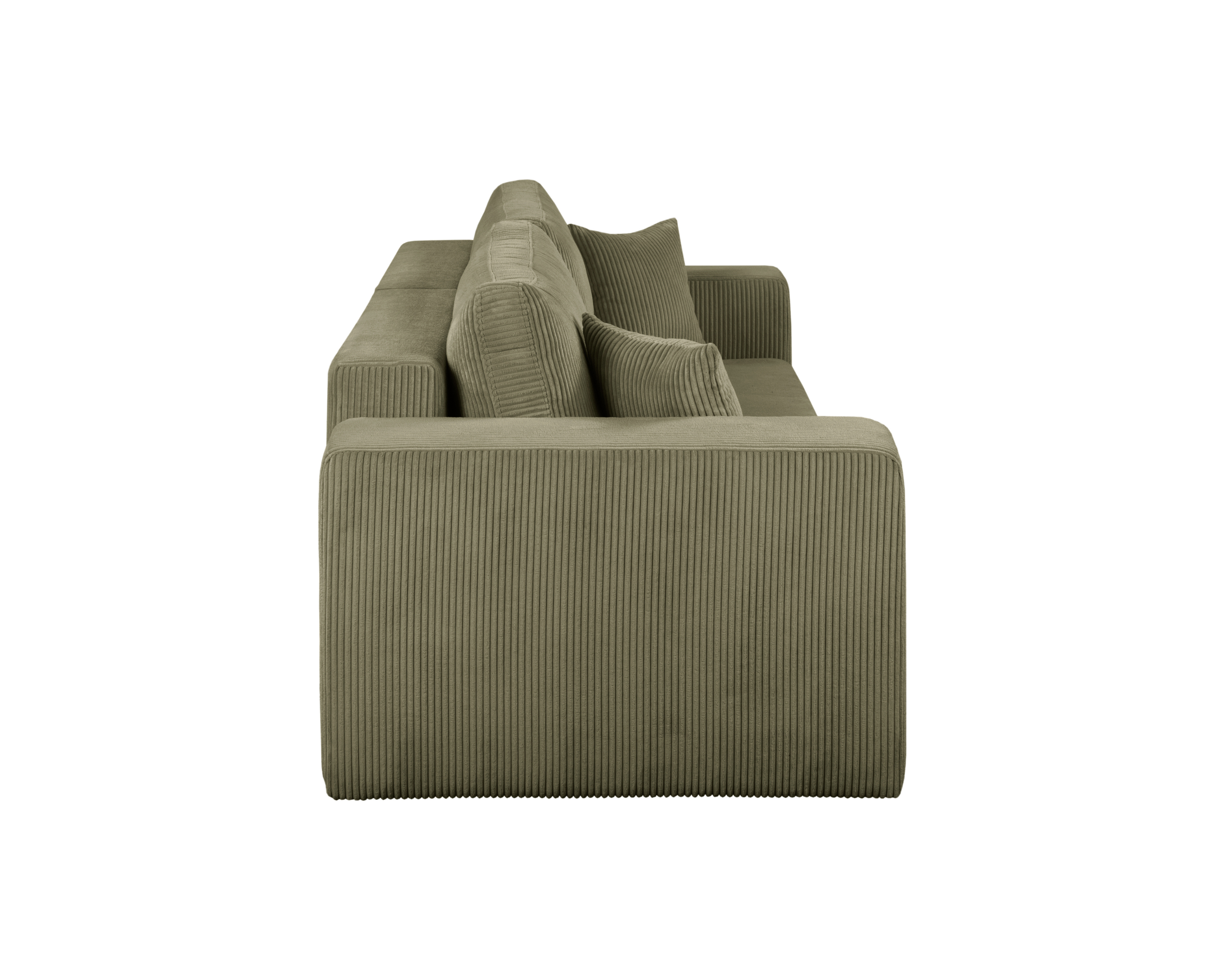 Canapé droit convertible Barres en tissu petit velours côtelé vert olive Paname Avenue, vue de profil sur fond blanc