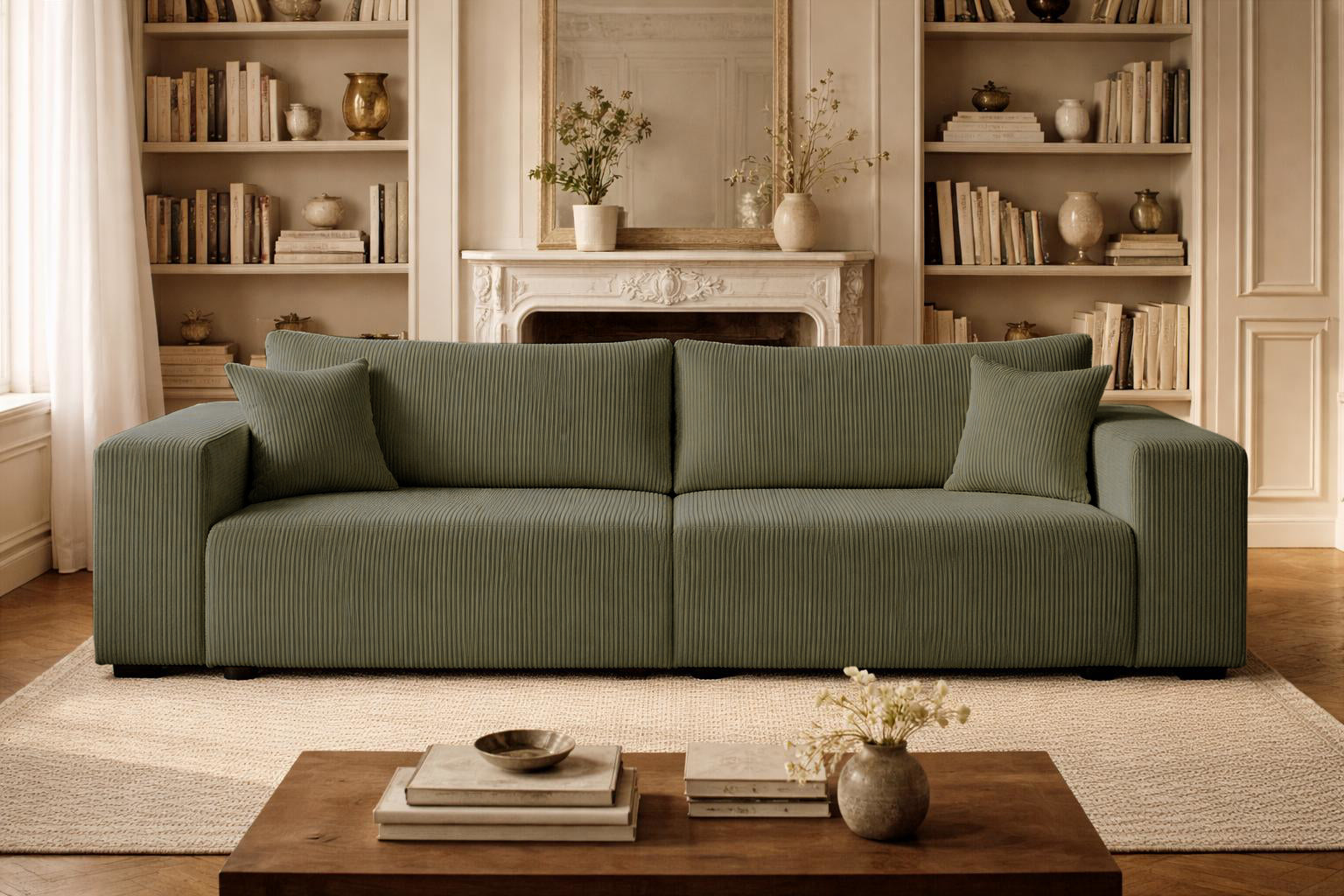 Canapé droit convertible Barres vert olive en tissu côtelé dans un salon haussmannien