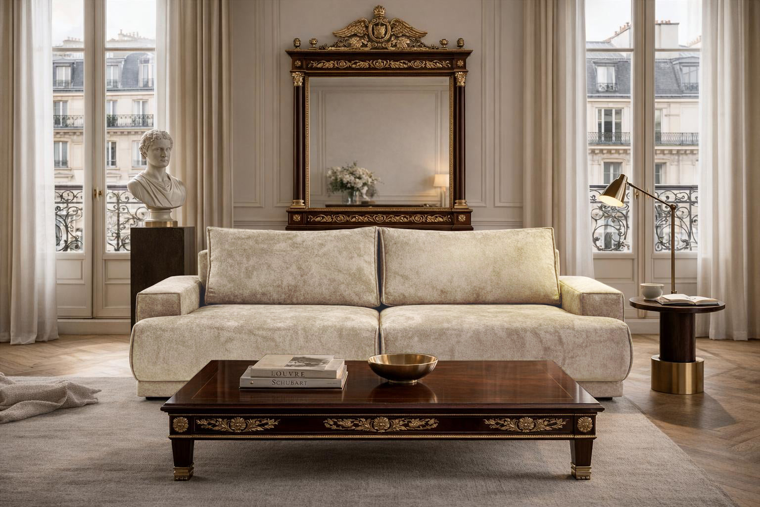 Canapé droit convertible Bonaparte en tissu chenille beige Paname Avenue, dans un décor inspire au quartier parisien