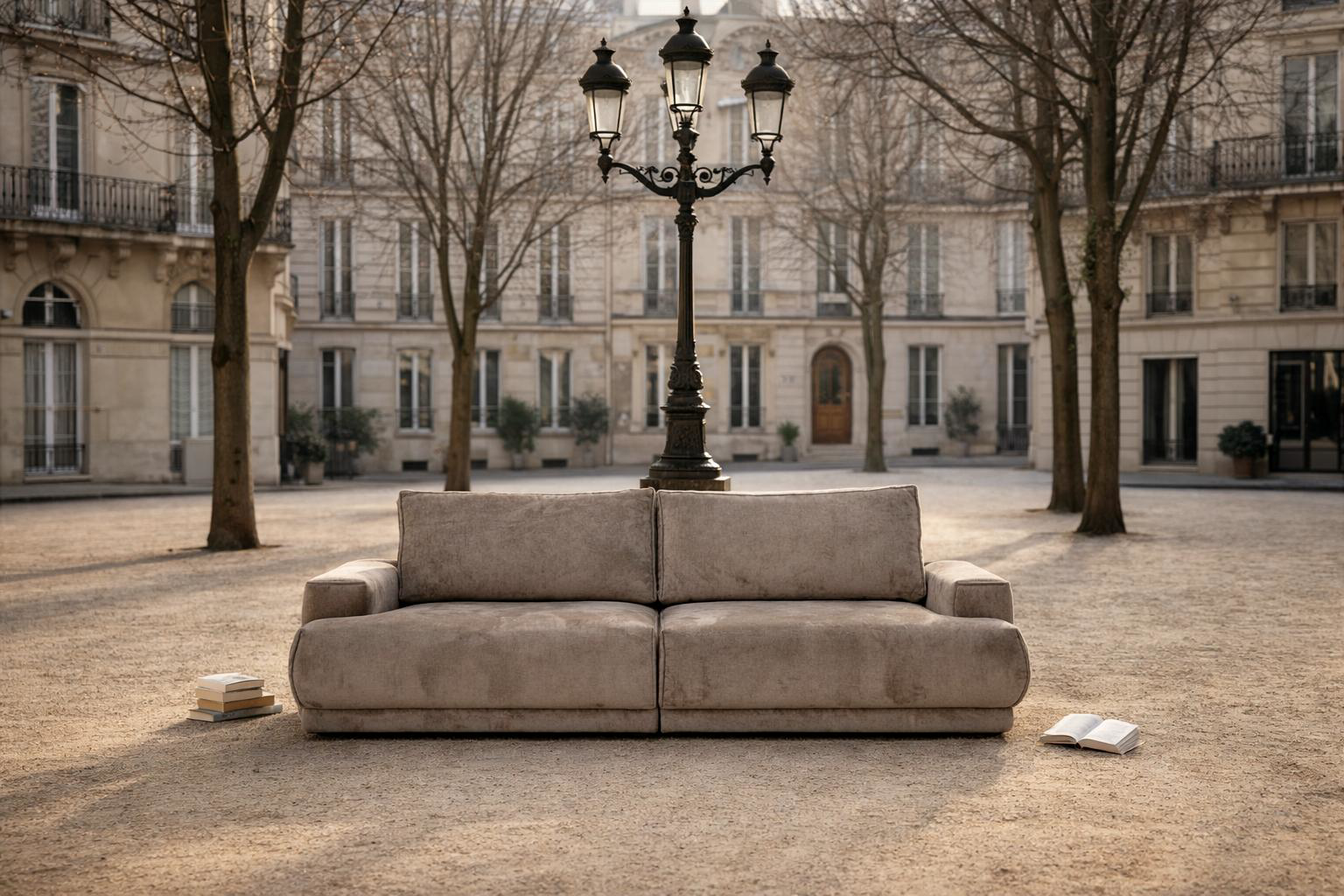 Canapé droit convertible Bonaparte placé devant un lampadaire sur la place Fürstenberg à Paris