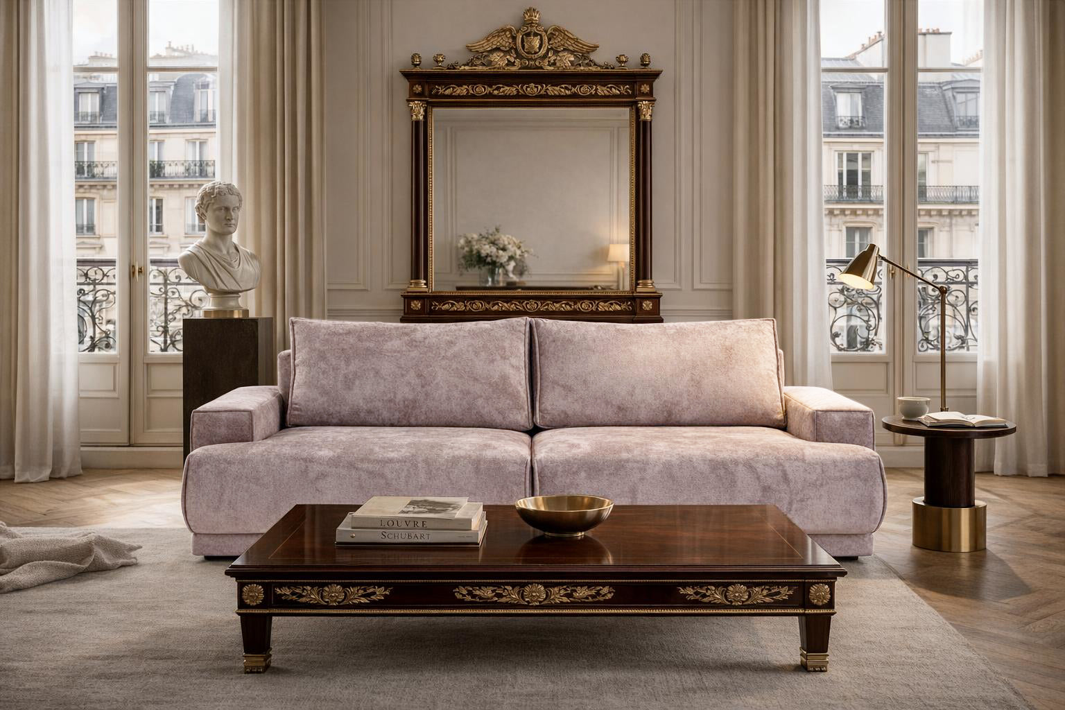 Canapé droit convertible Bonaparte en tissu chenille taupe Paname Avenue, dans un décor inspire au quartier parisien