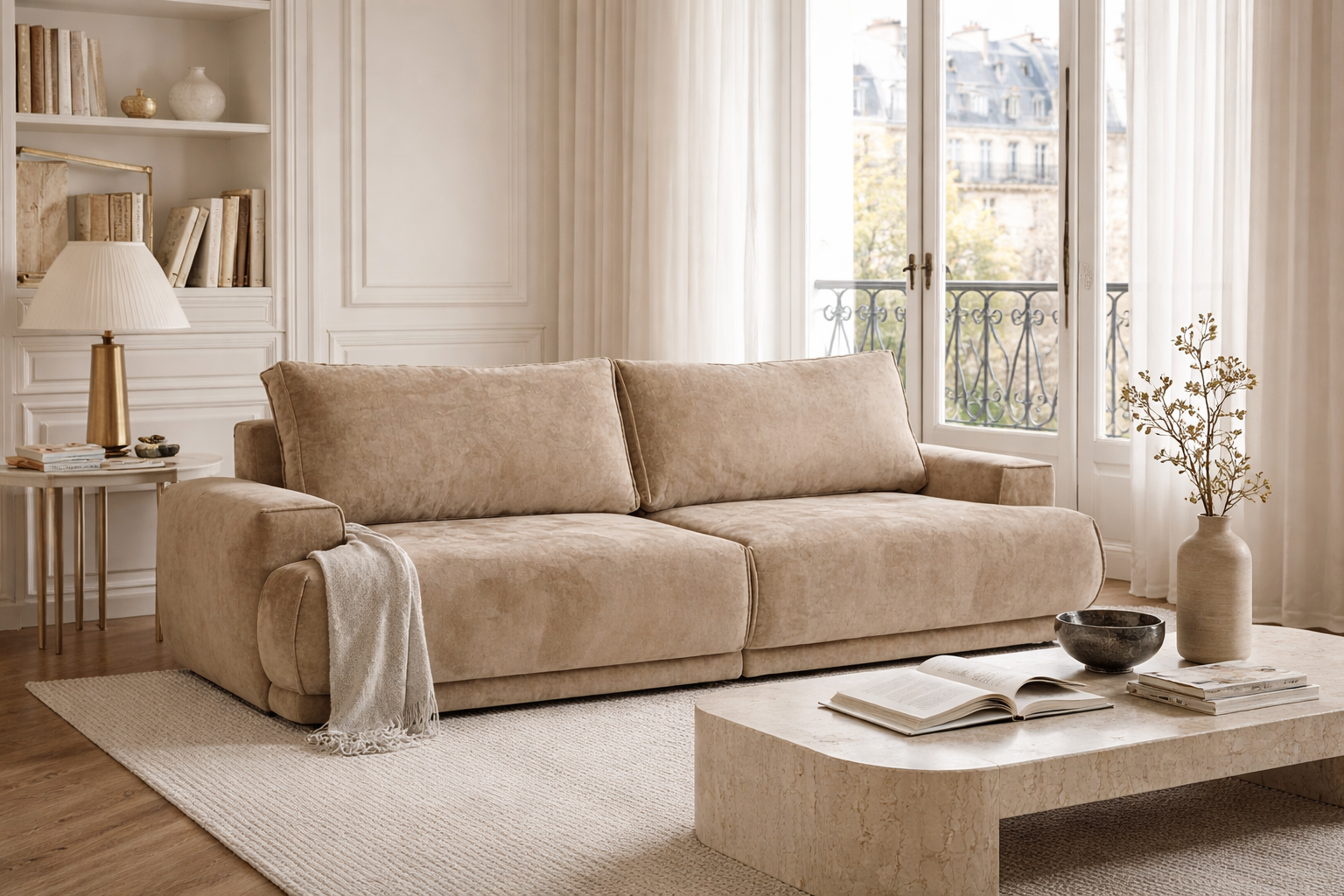 Canapé droit convertible Bonaparte en tissu chenille dans un salon d’appartement parisien