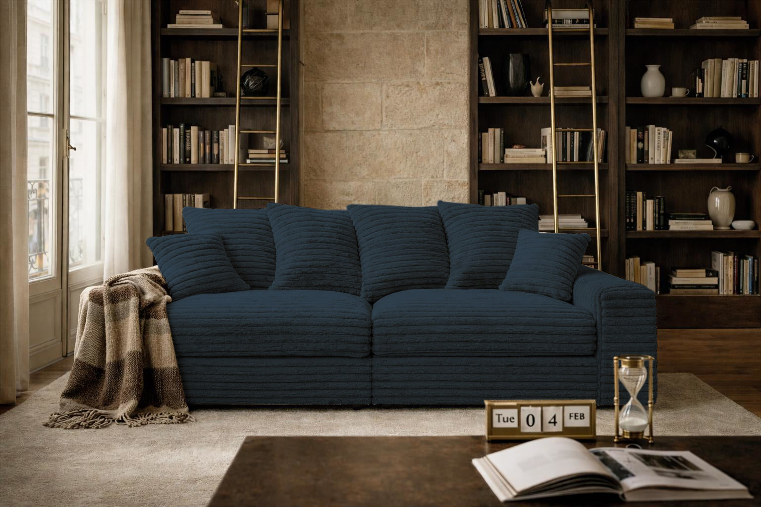 Canapé droit Croix-des-Petits-Champs en tissu gros velours côtelé bleu Paname Avenue, dans un décor inspire au quartier parisien