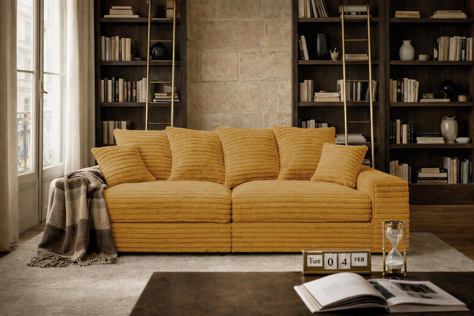 Canapé droit Croix-des-Petits-Champs en tissu gros velours côtelé jaune Paname Avenue, dans un décor inspire au quartier parisien
