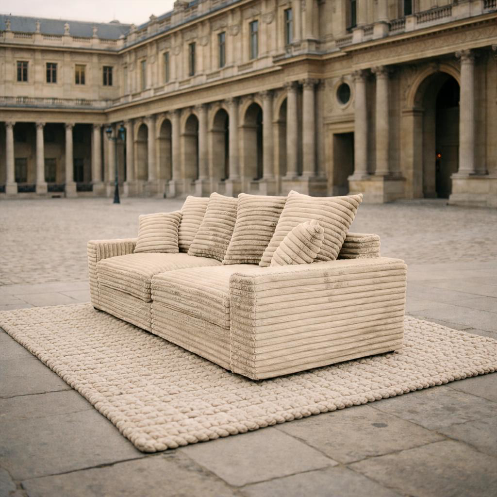 Canapé droit Croix des Petits Champs de Paname Avenue dans un décor parisien extérieur du quartier Louvre