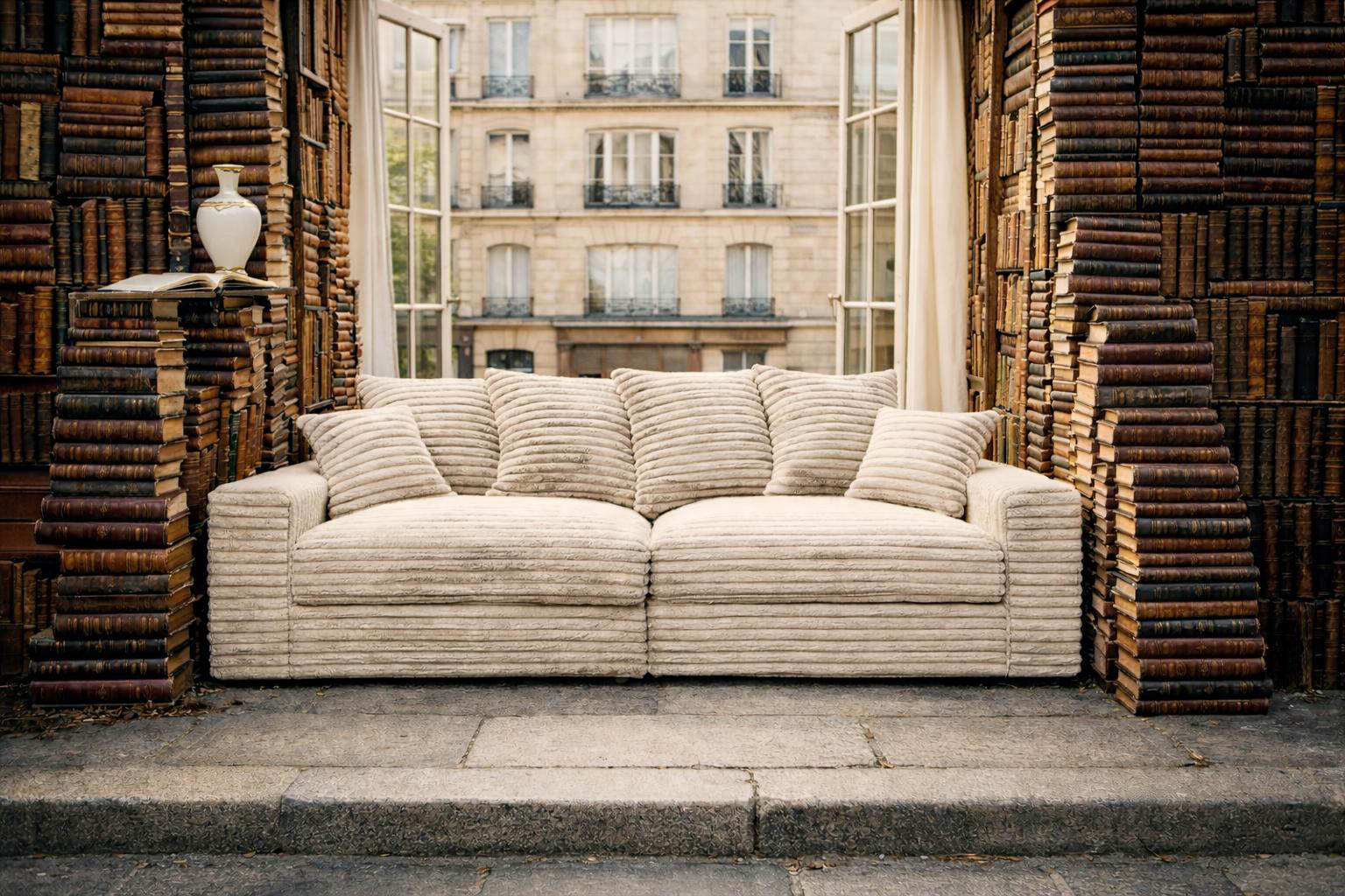 Canapé droit des Petits Champs de Paname Avenue dans un décor quasi onirique où les livres s'empilent autour de lui. Seul échappatoire, la fenêtre sur Paris.