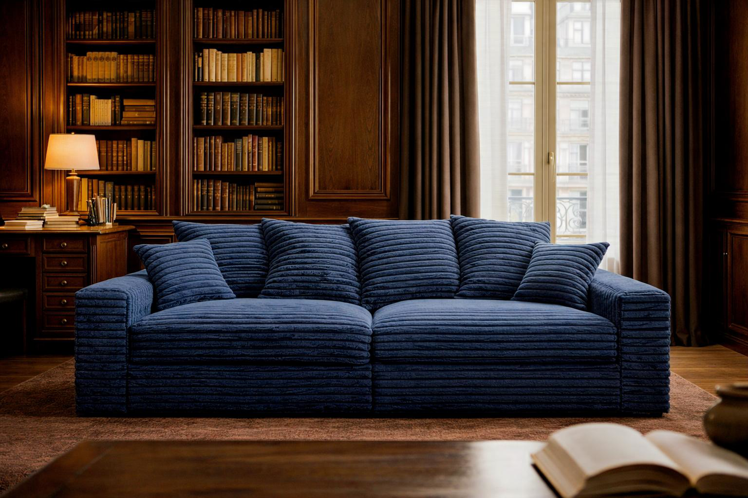 Canapé droit Croix des Petits Champs Paname Avenue en tissu gros velours côtelé bleu dans un salon bibliothèque élégant avec boiseries, étagères remplies de livres et ambiance chaleureuse sophistiquée