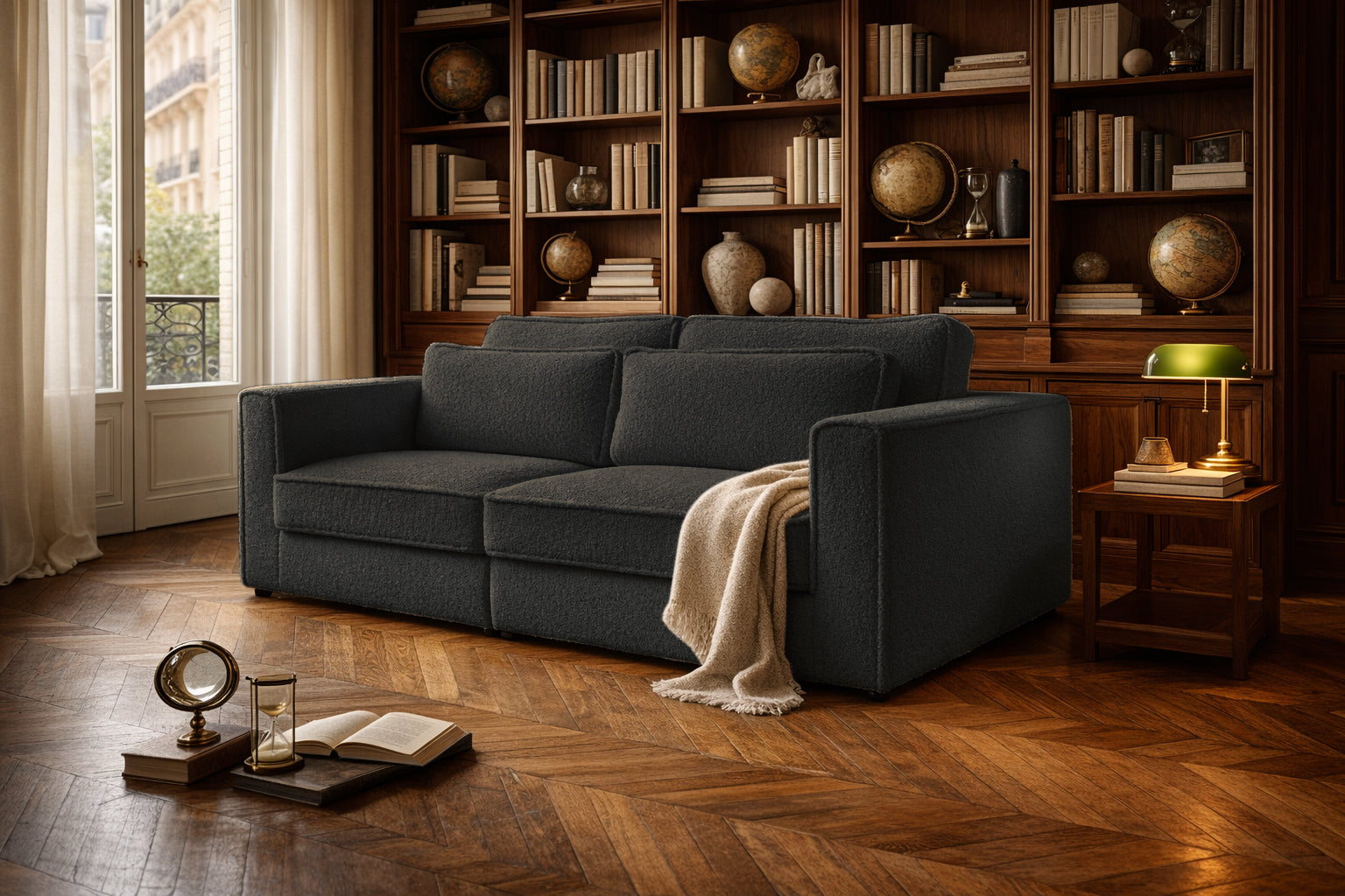 Canapé droit Descartes en tissu bouclette anthracite Paname Avenue, dans un décor inspire au quartier parisien