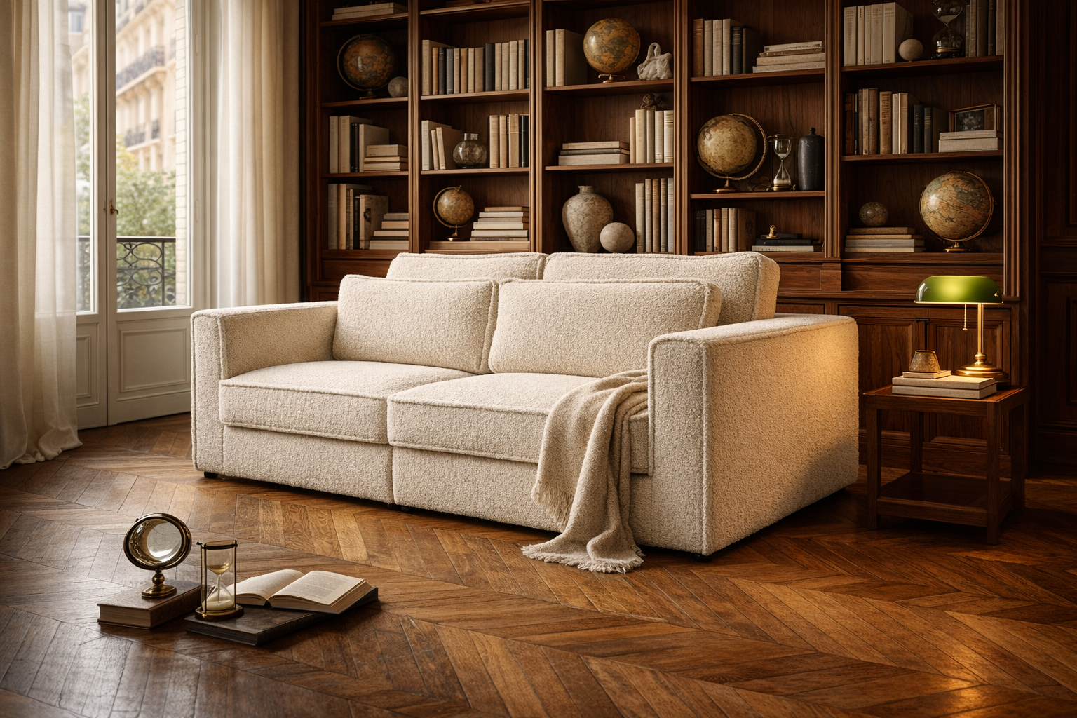 Canapé droit Descartes en tissu bouclette beige Paname Avenue, dans un décor inspire au quartier parisien