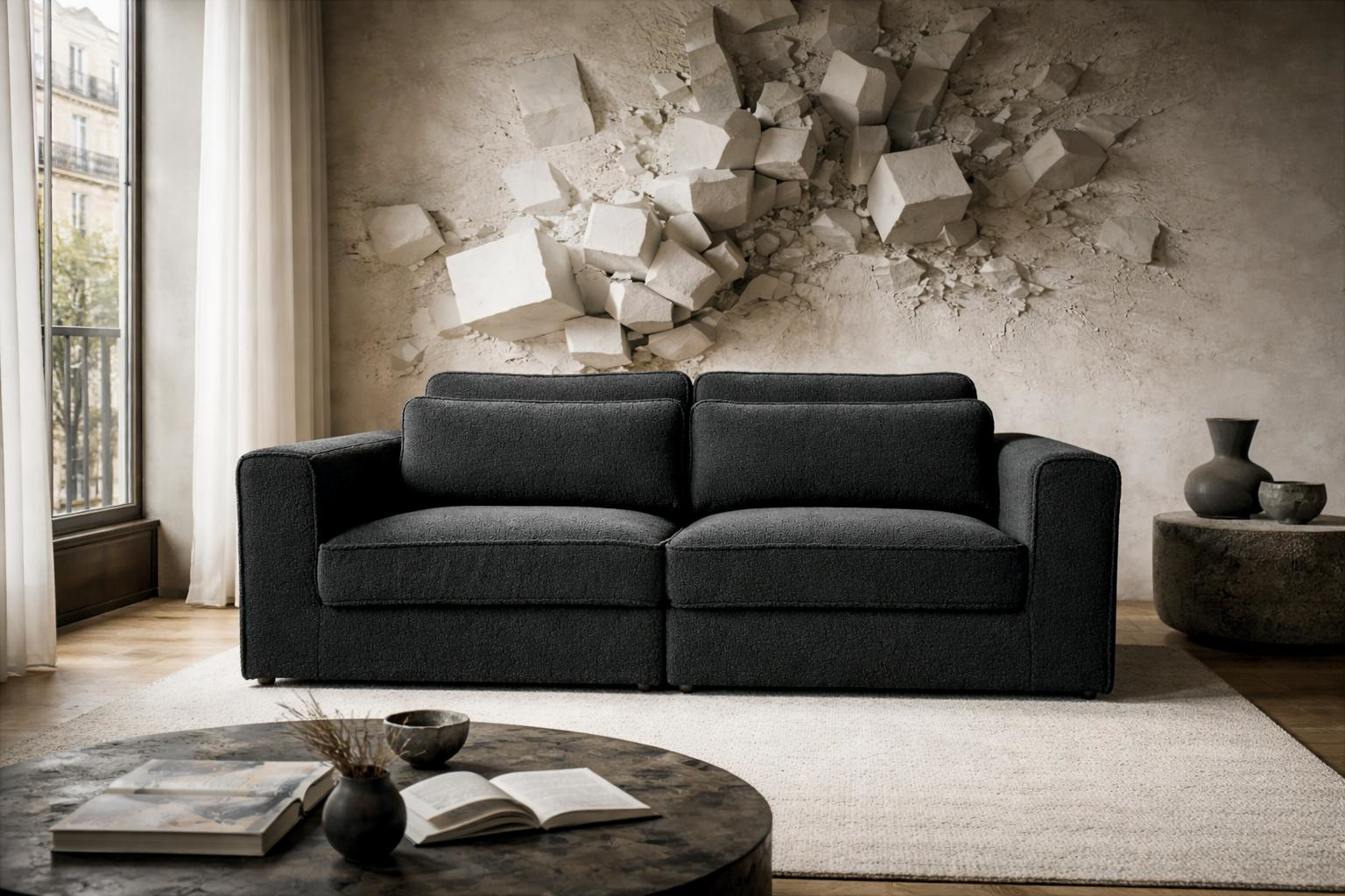 Canapé droit Descartes de Paname Avenue dans un salon parisien décoré dans un style avant-gardiste affirmé