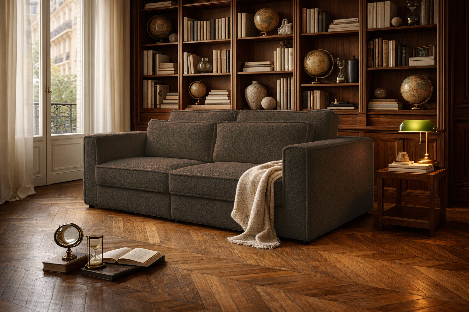 Canapé droit Descartes en tissu bouclette marron Paname Avenue, dans un décor inspire au quartier parisien