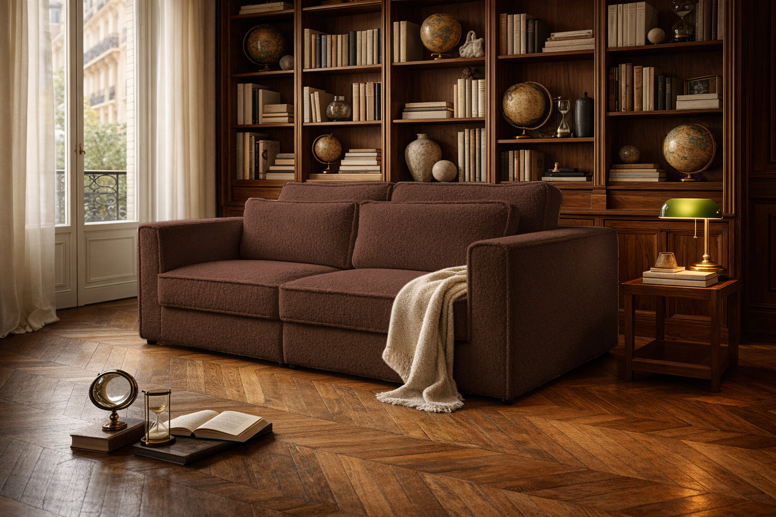 Canapé droit Descartes en tissu bouclette terracotta Paname Avenue, dans un décor inspire au quartier parisien