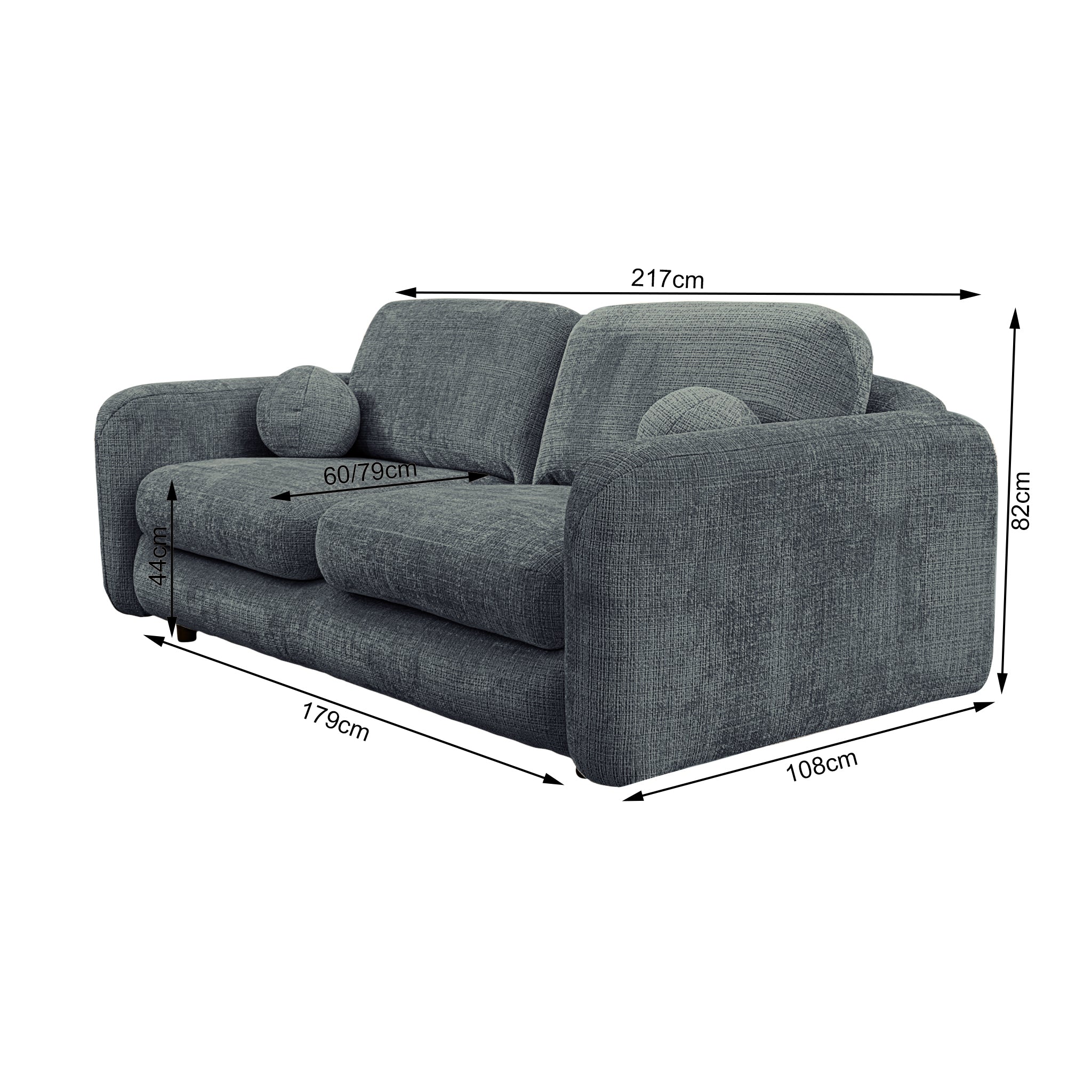 Canapé droit Duperré en tissu chenille anthracite Paname Avenue, schéma des dimensions