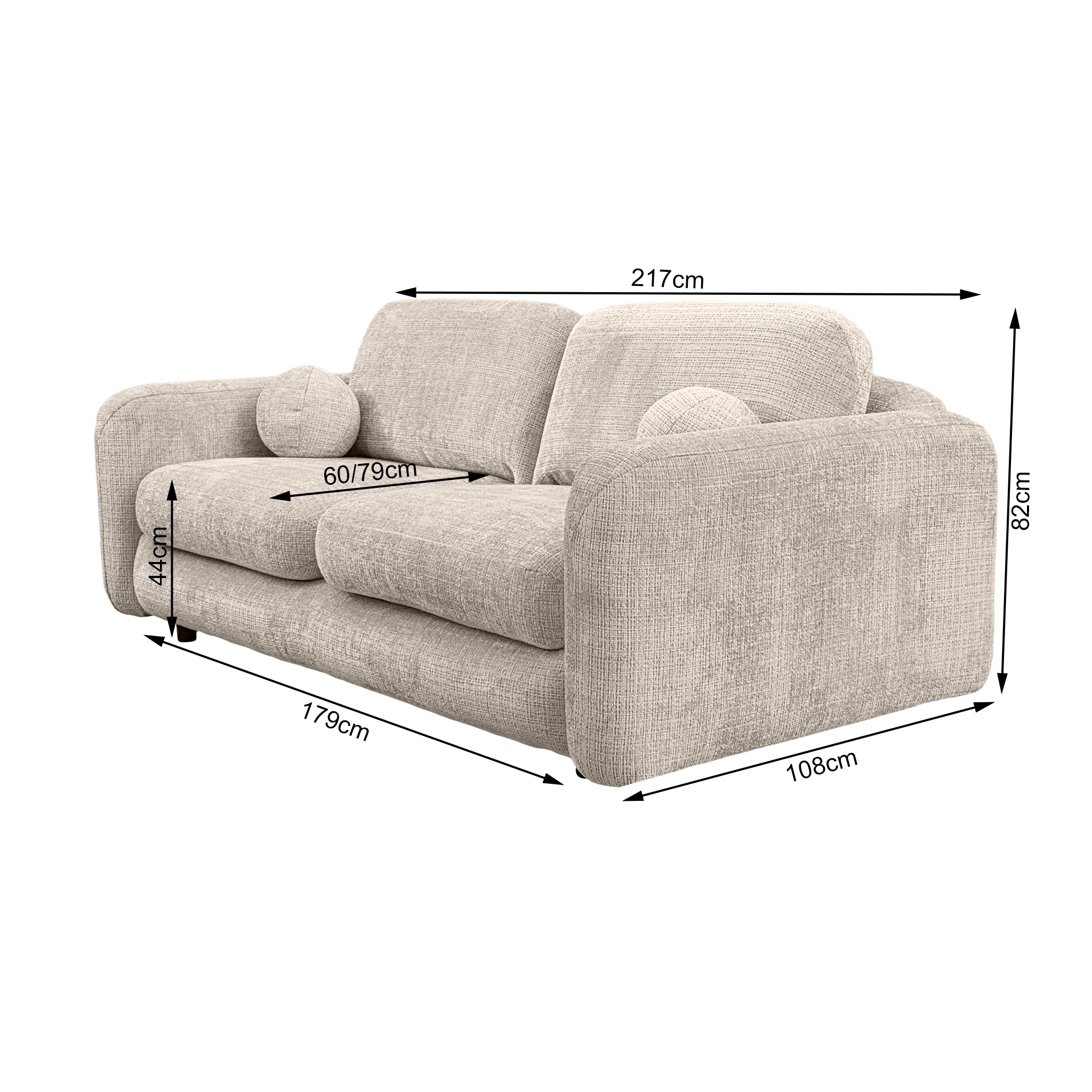 Canapé droit Duperré en tissu chenille beige Paname Avenue, schéma des dimensions