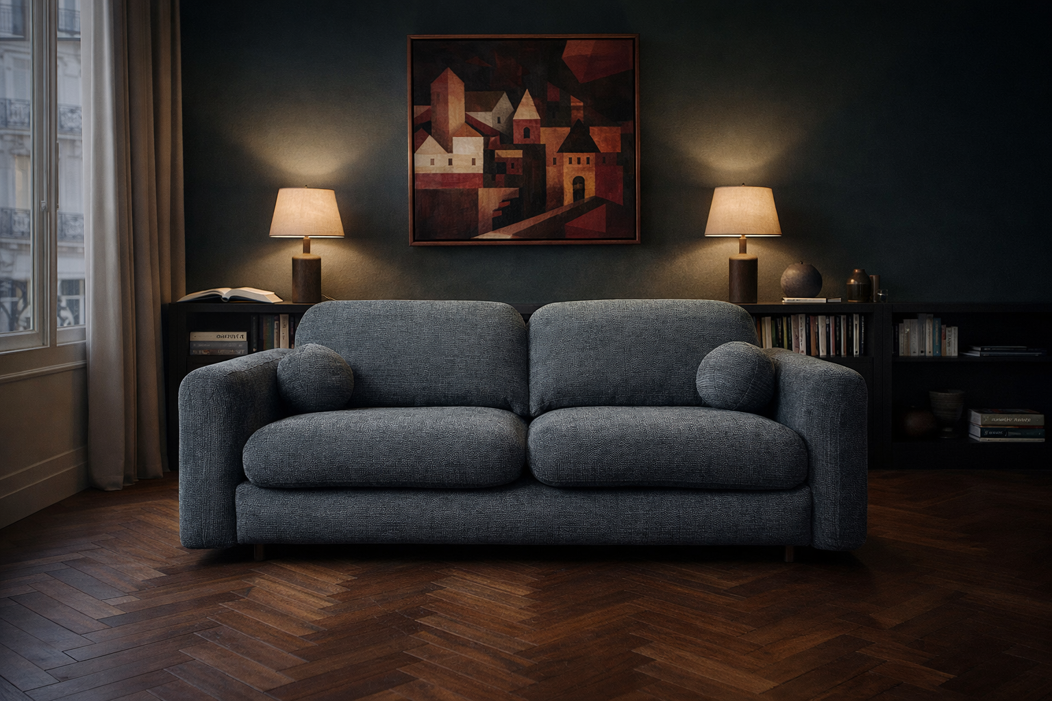 Canapé droit Duperré en tissu chenille dans un salon d’appartement parisien