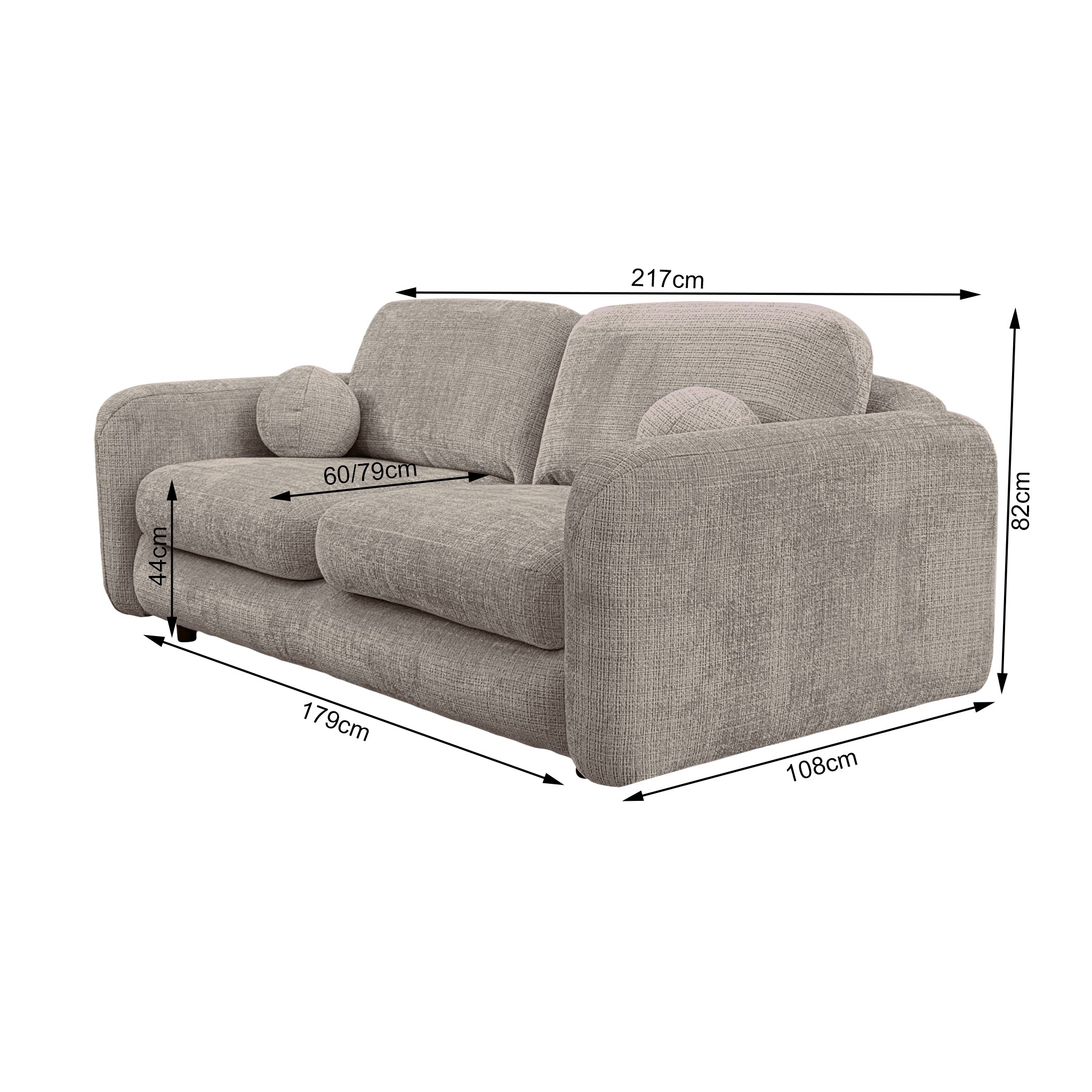 Canapé droit Duperré en tissu chenille taupe Paname Avenue, schéma des dimensions