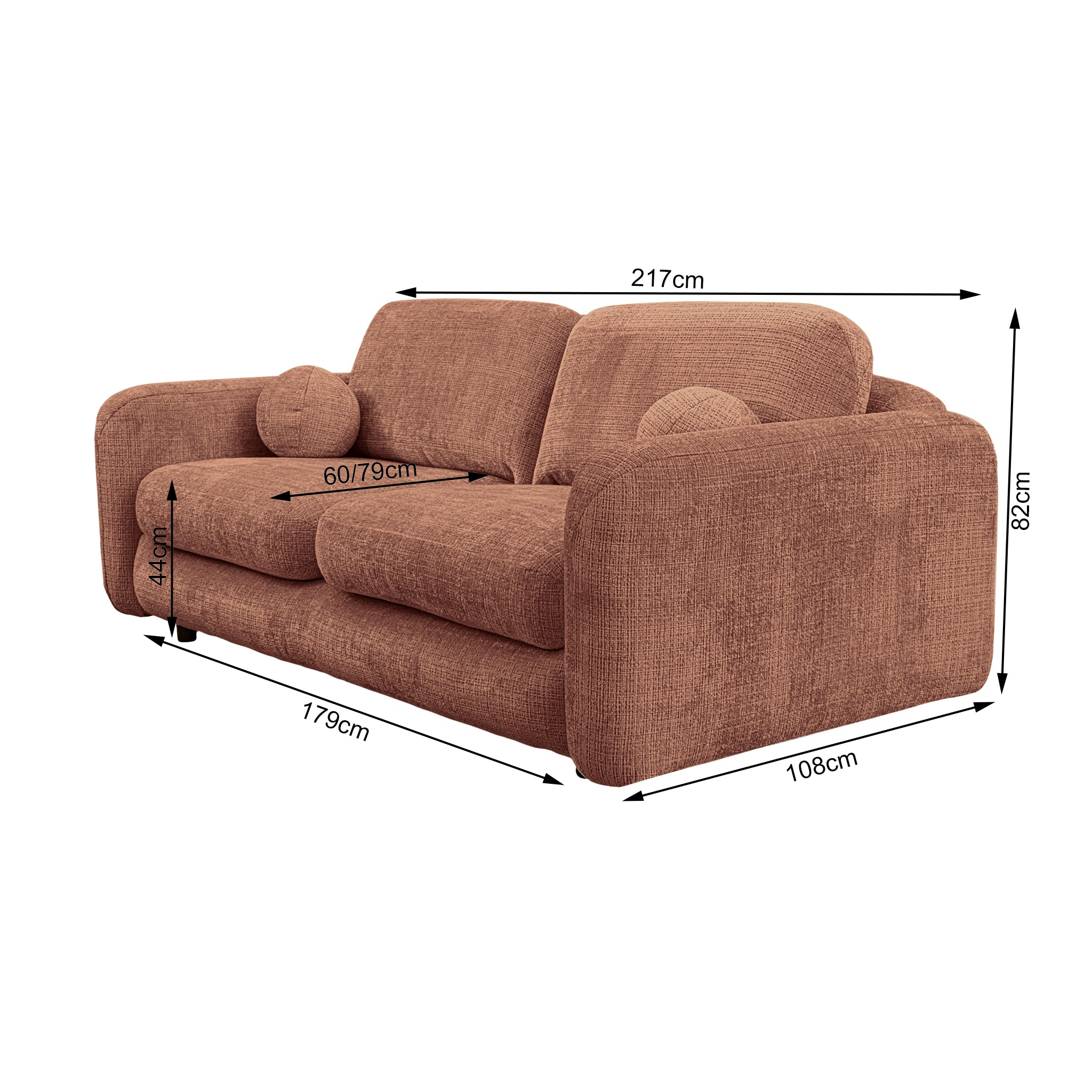 Canapé droit Duperré en tissu chenille terracotta Paname Avenue, schéma des dimensions