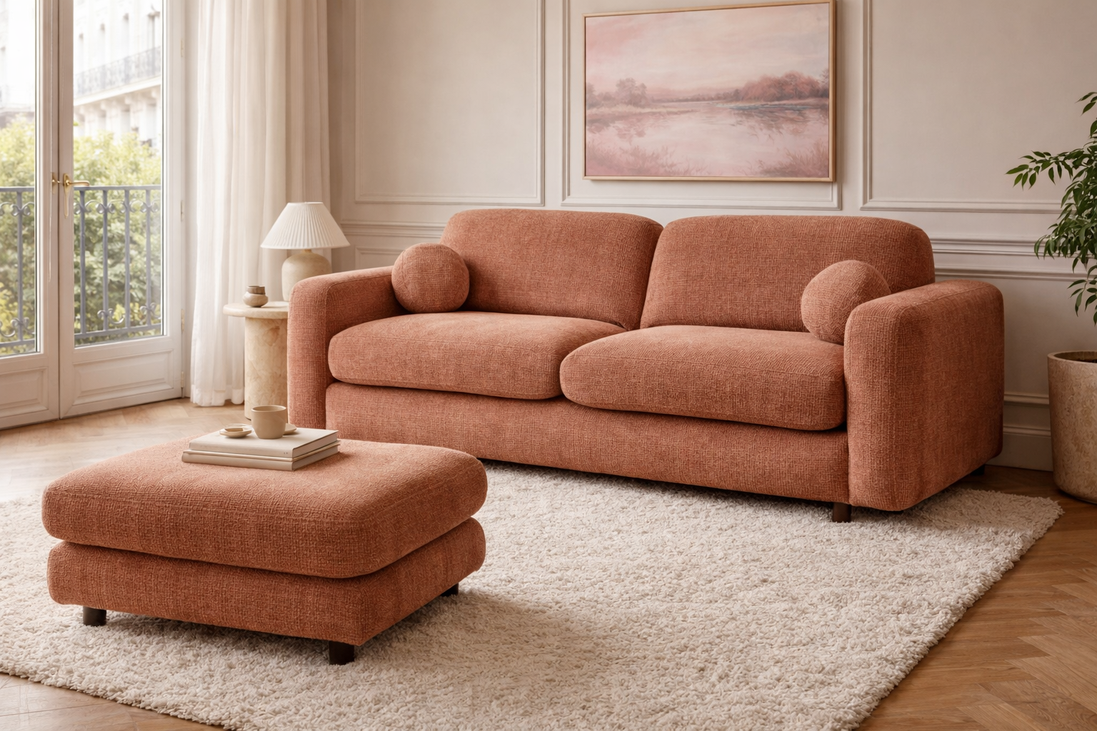 Canapé droit Duperré en tissu chenille terracotta dans un salon d’appartement parisien avec décoration intérieure élégante