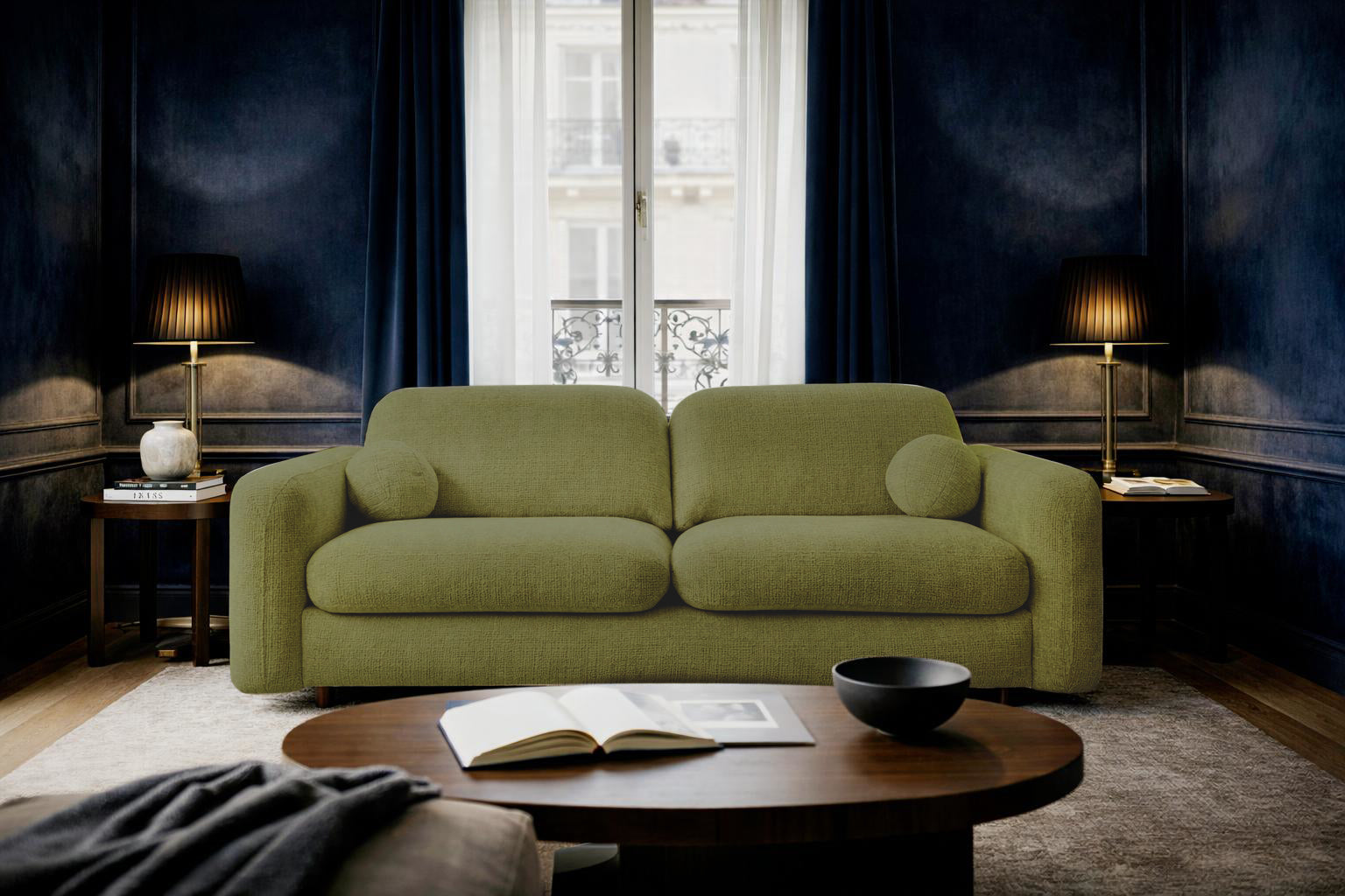 Canapé droit Duperré en tissu chenille vert olive Paname Avenue, dans un décor inspire au quartier parisien