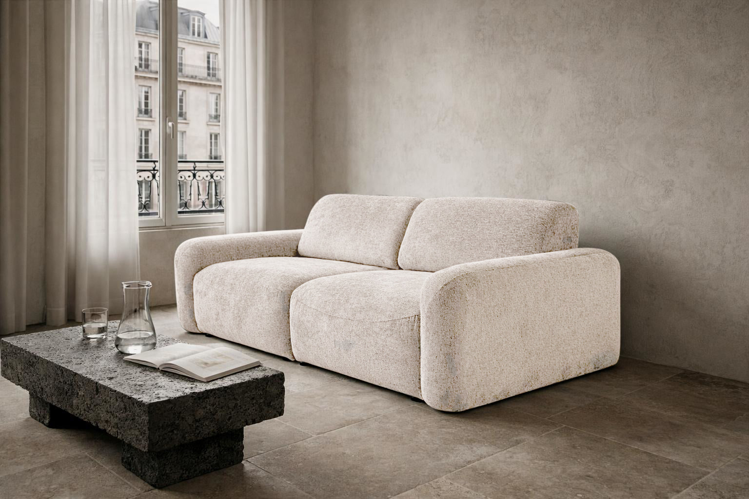 Canapé droit Estrapade en tissu chenille beige Paname Avenue, dans un décor inspire au quartier parisien