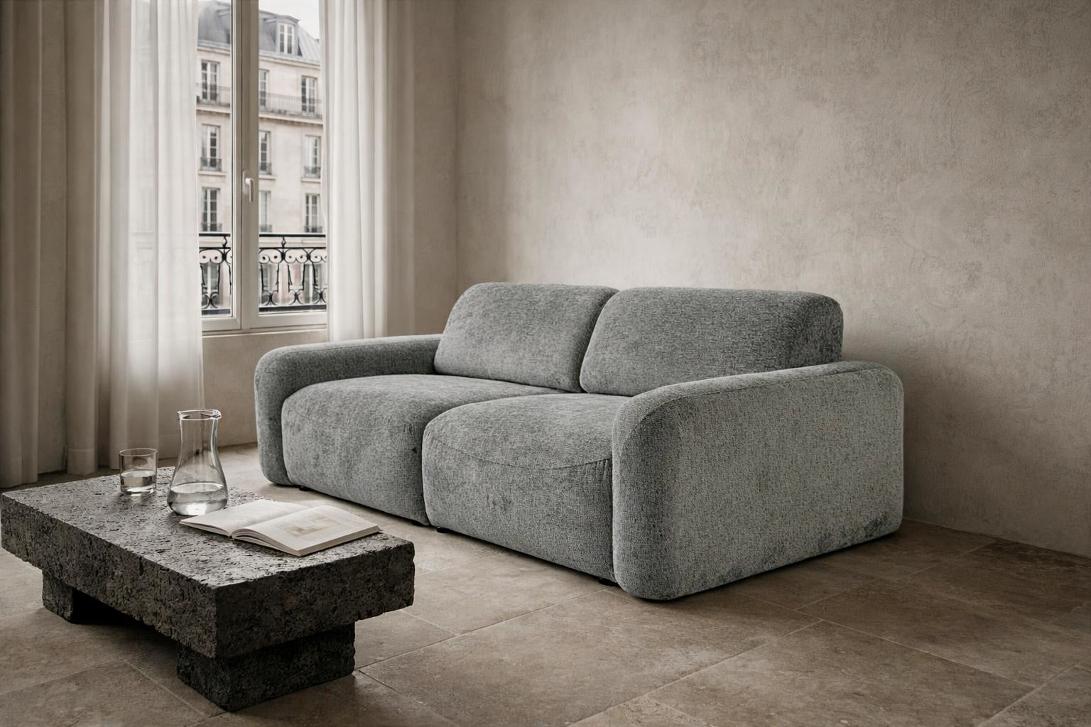 Canapé droit Estrapade en tissu chenille gris Paname Avenue, dans un décor inspire au quartier parisien