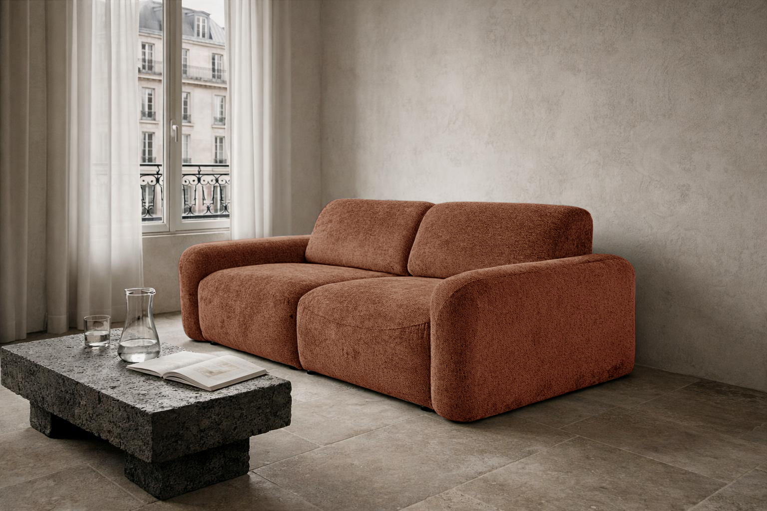 Canapé droit Estrapade en tissu chenille terracotta Paname Avenue, dans un décor inspire au quartier parisien