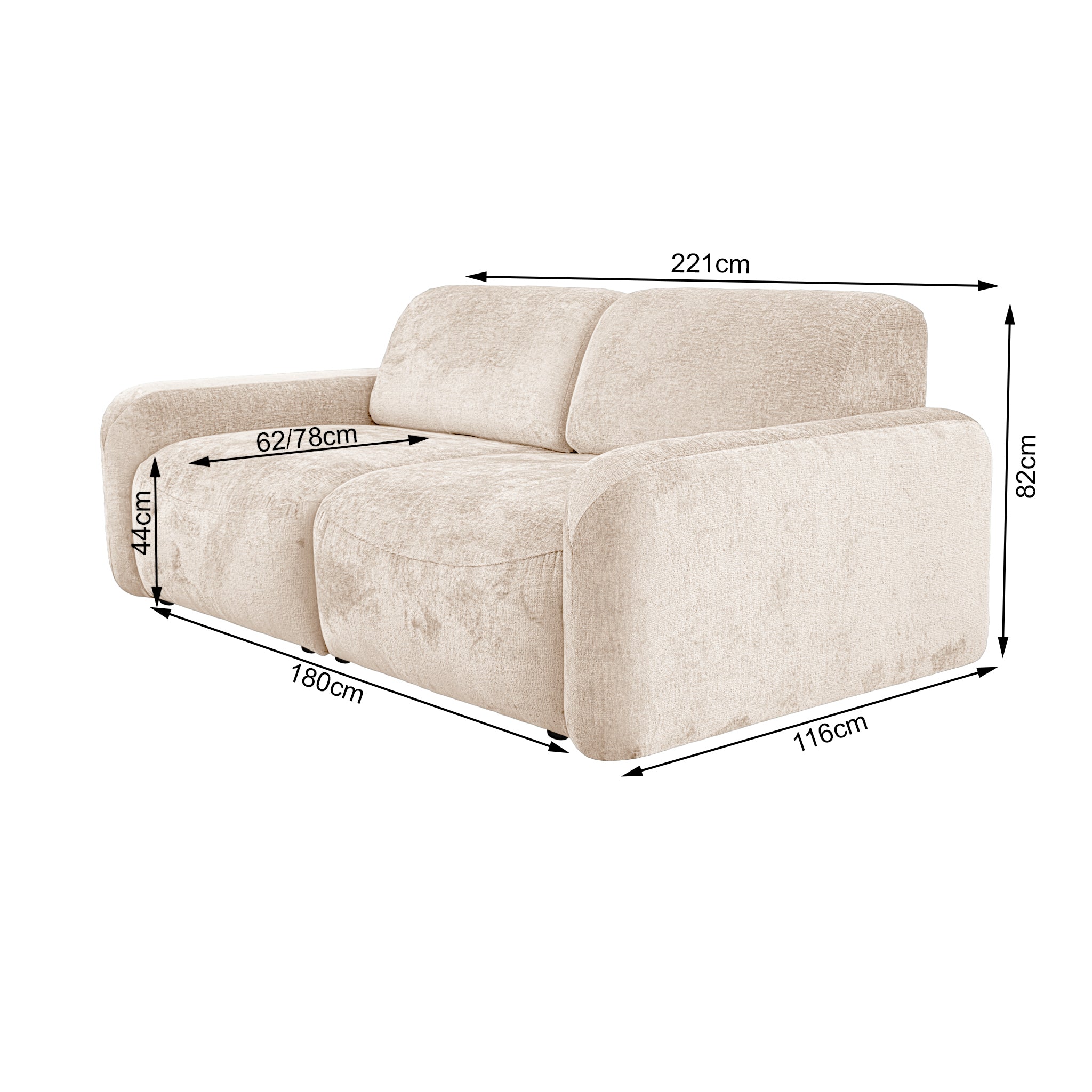 Canapé droit Estrapade en tissu chenille beige Paname Avenue, schéma des dimensions