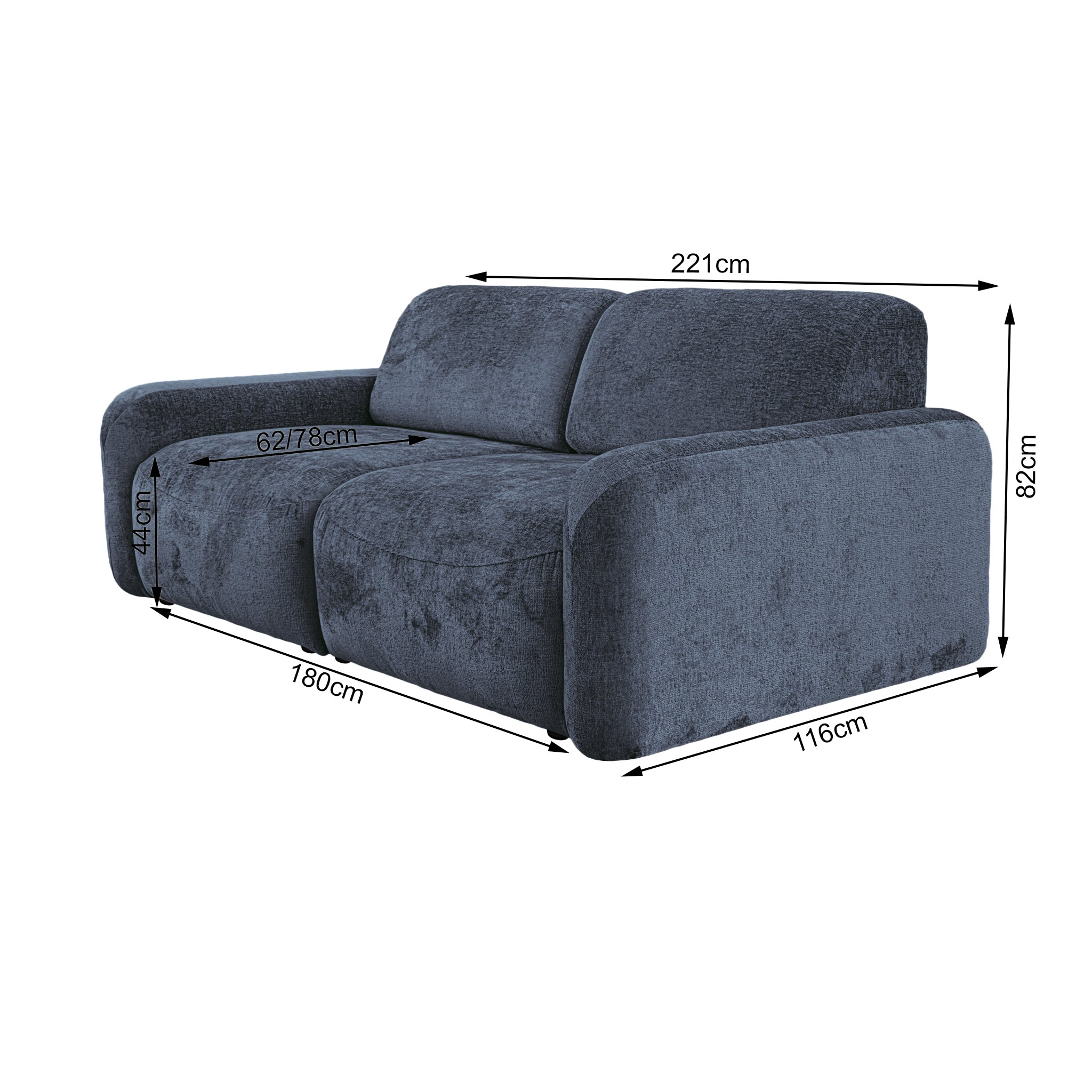 Canapé droit Estrapade en tissu chenille bleu Paname Avenue, schéma des dimensions
