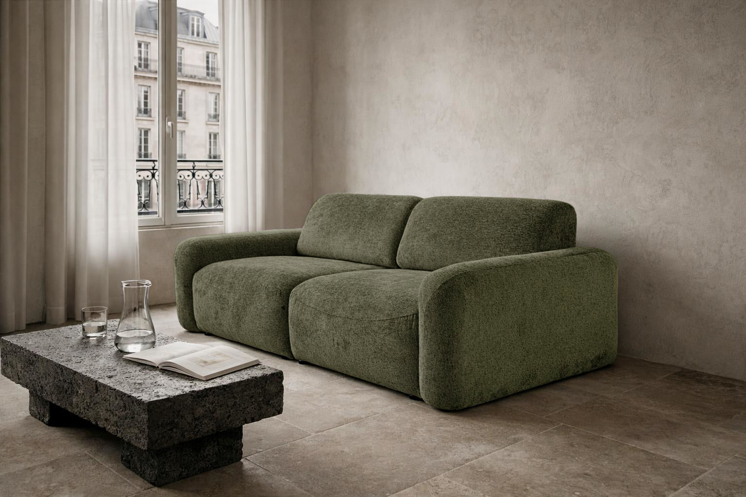 Canapé droit Estrapade en tissu chenille vert olive Paname Avenue, dans un décor inspire au quartier parisien