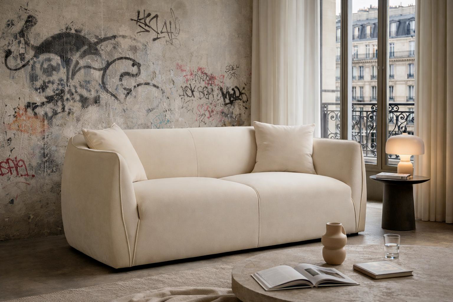 Canapé droit Faubourg Saint-Martin en tissu velours lisse beige Paname Avenue, dans un décor inspire au quartier parisien