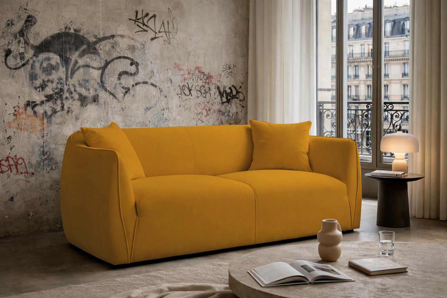 Canapé droit Faubourg Saint-Martin en tissu velours lisse jaune Paname Avenue, dans un décor inspire au quartier parisien