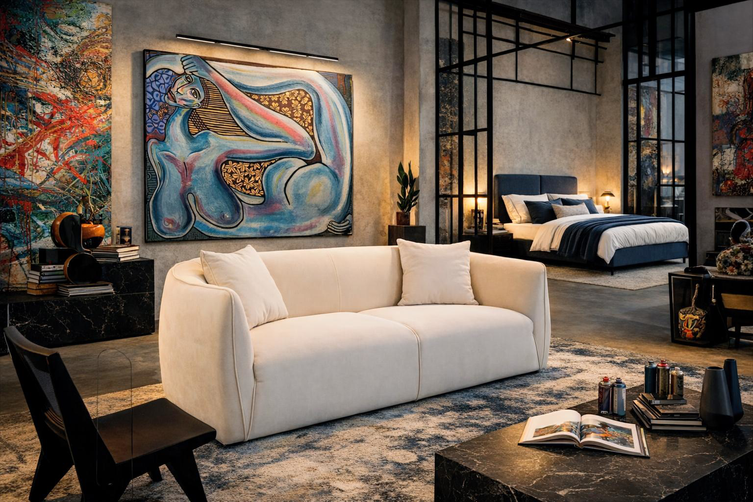 Canapé droit Faubourg Saint Martin et lit Yvonne le Tac Paname Avenue dans un loft brut, artistique et urbain