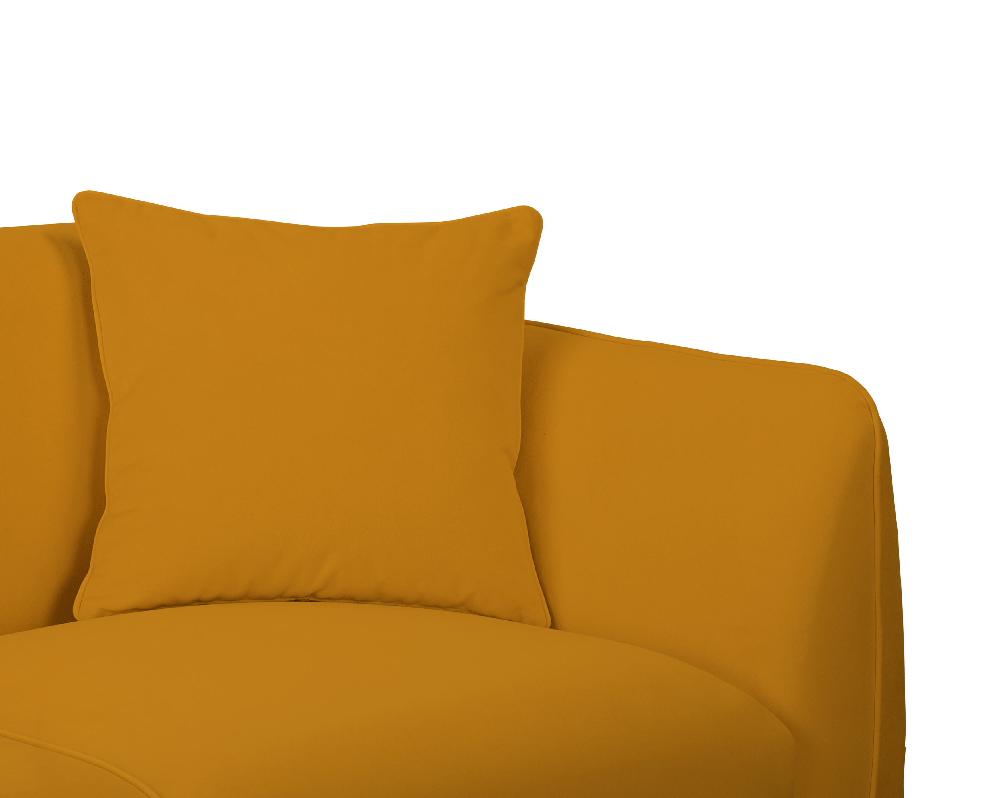 Canapé droit Faubourg Saint-Martin en tissu velours lisse jaune Paname Avenue, zoom sur les coussins