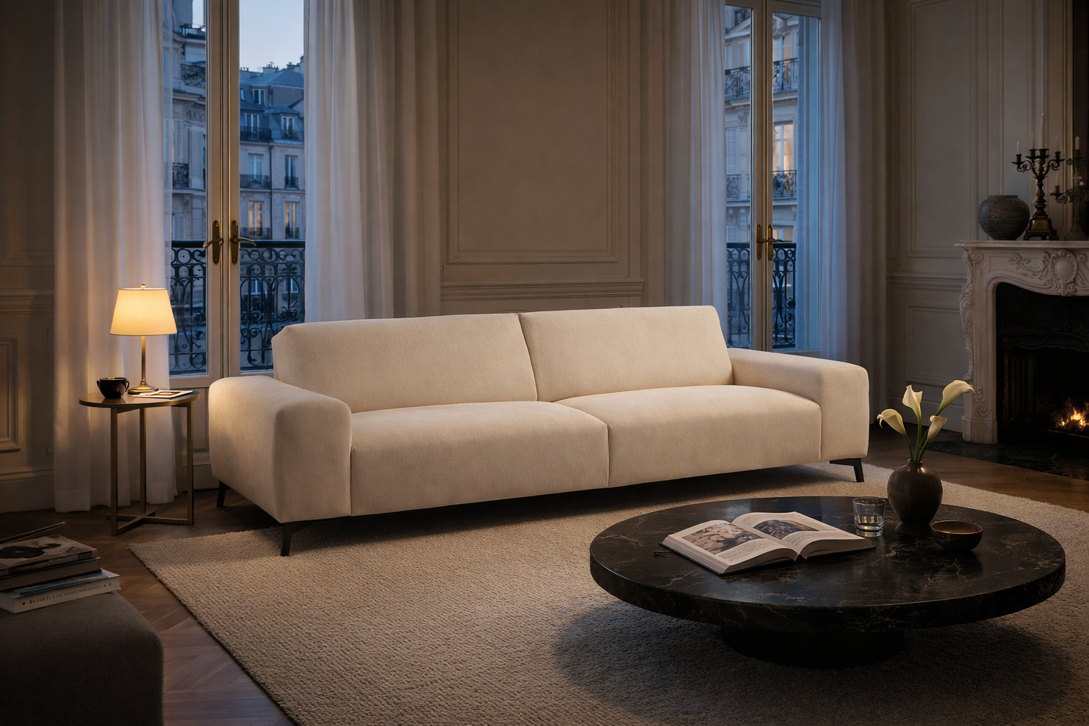 Canapé droit Frochot en tissu chenille beige Paname Avenue, dans un décor inspire au quartier parisien