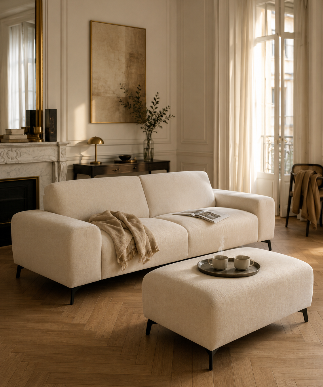 Canapé droit Frochot et pouf Douai dans un intérieur parisien chaleureux avec moulures haussmanniennes et parquet en point de Hongrie