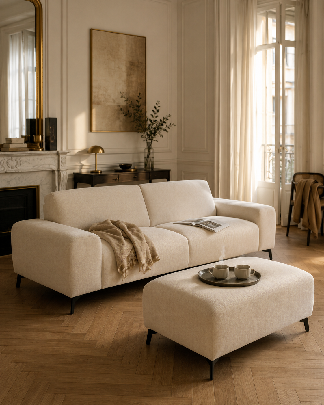 Canapé droit Frochot et pouf Douai dans un intérieur parisien chaleureux avec moulures haussmanniennes et parquet en point de Hongrie