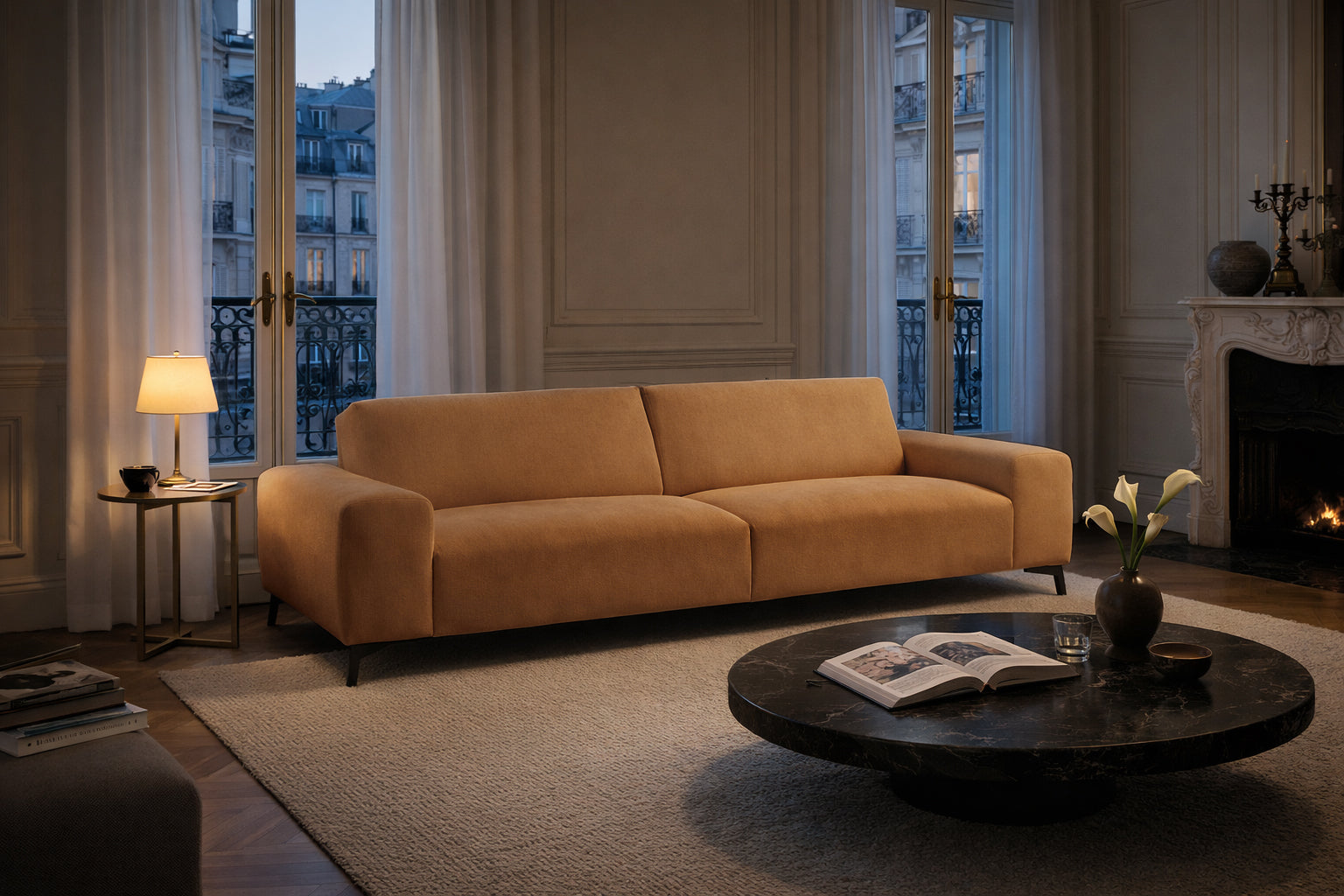 Canapé droit Frochot en tissu chenille orange Paname Avenue, dans un décor inspire au quartier parisien