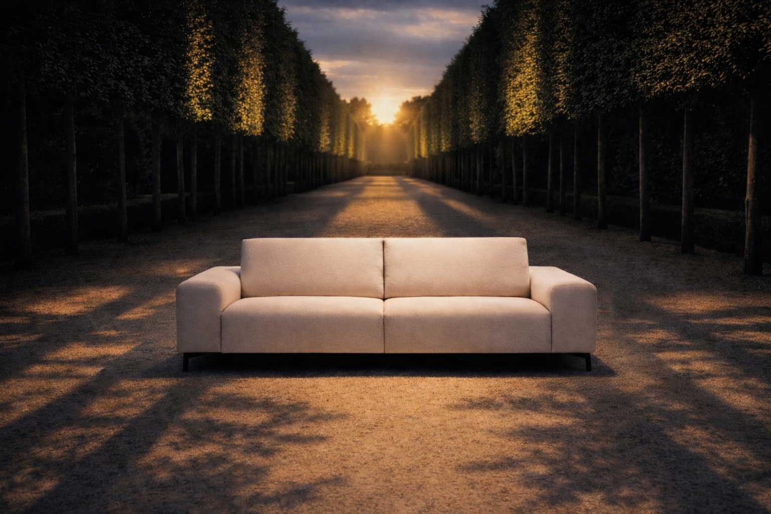Canapé droit Frochot de Paname Avenue installé en bordure de parc au coucher du soleil