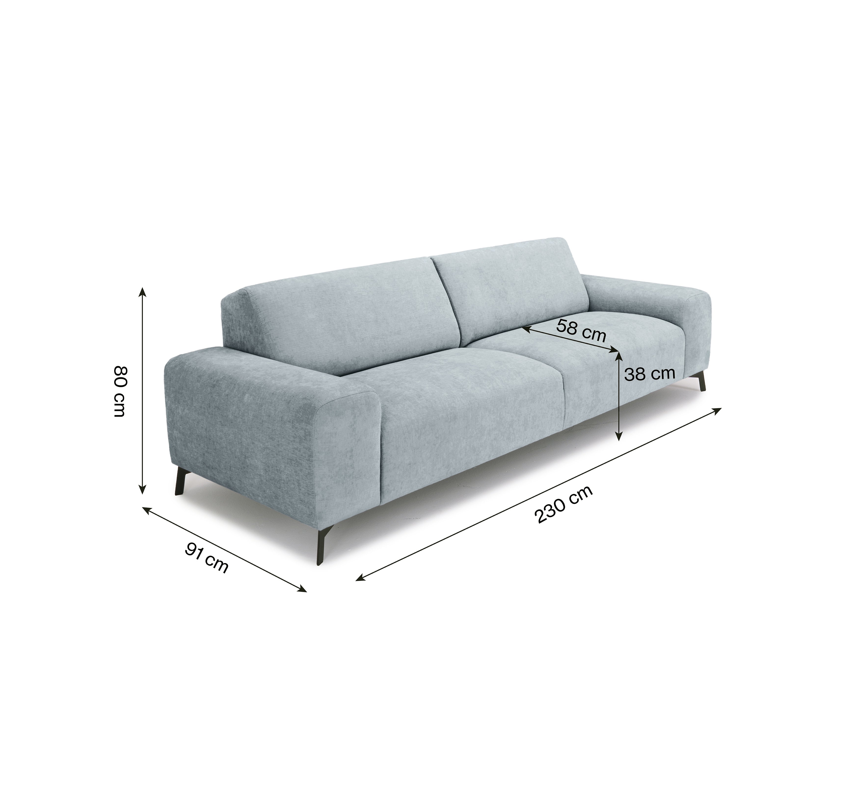 Canapé droit Frochot en tissu chenille gris Paname Avenue, schéma des dimensions