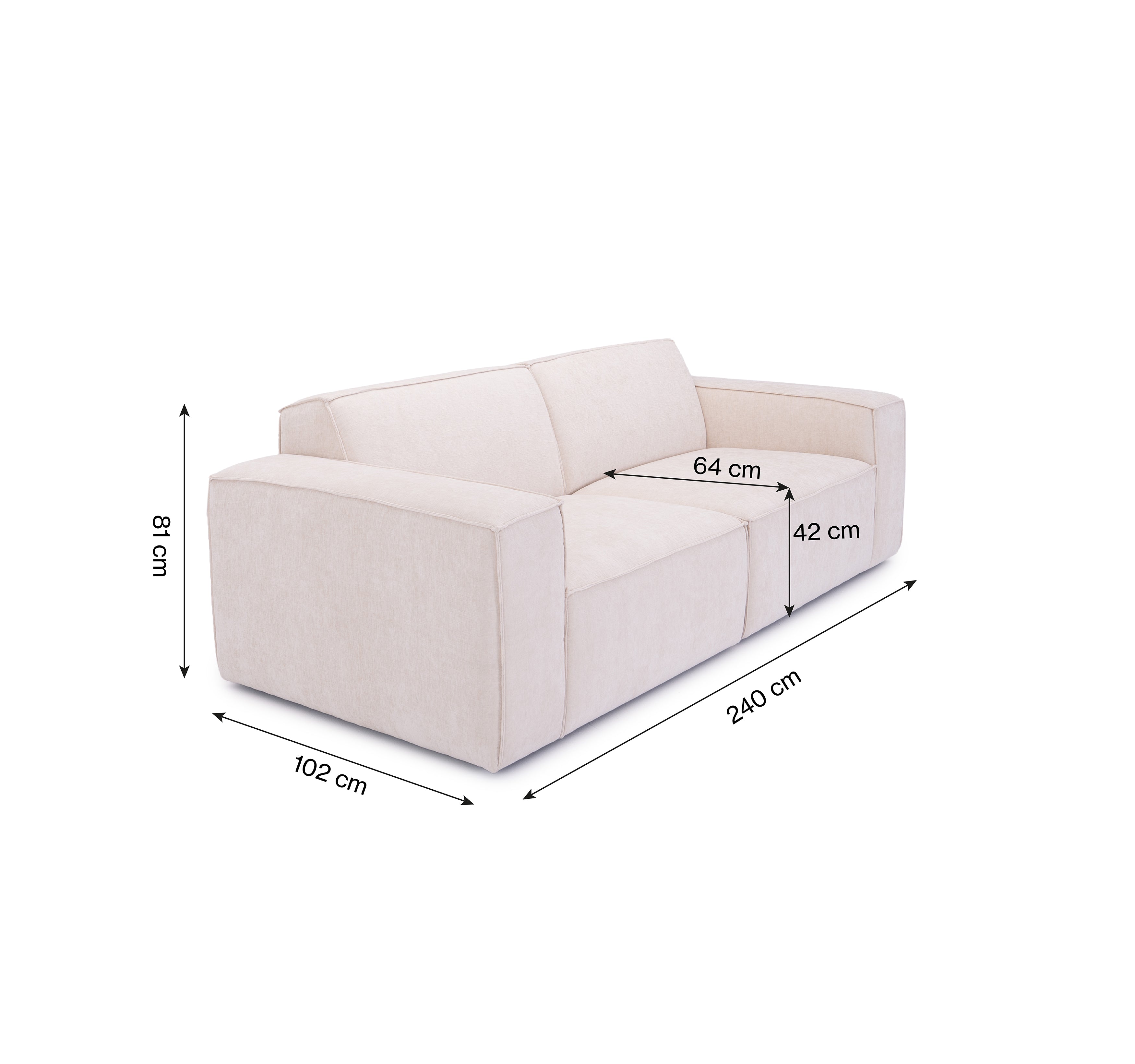 Canapé droit Gabrielle en tissu chenille beige Paname Avenue, schéma des dimensions